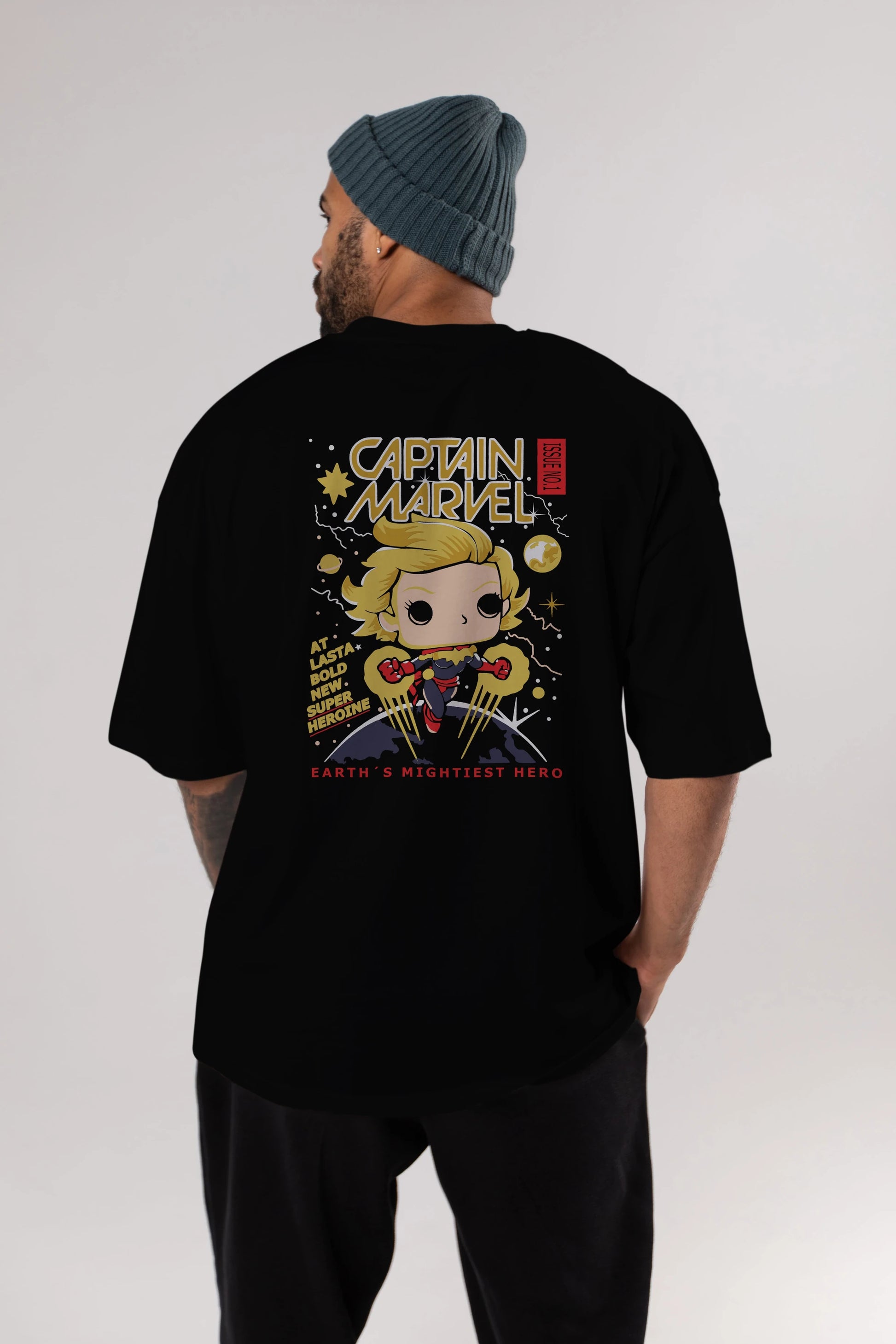 Captain Marvel Arka Baskılı Oversize t-shirt Erkek Kadın Unisex %100 Pamuk Bisiklet Yaka tişort