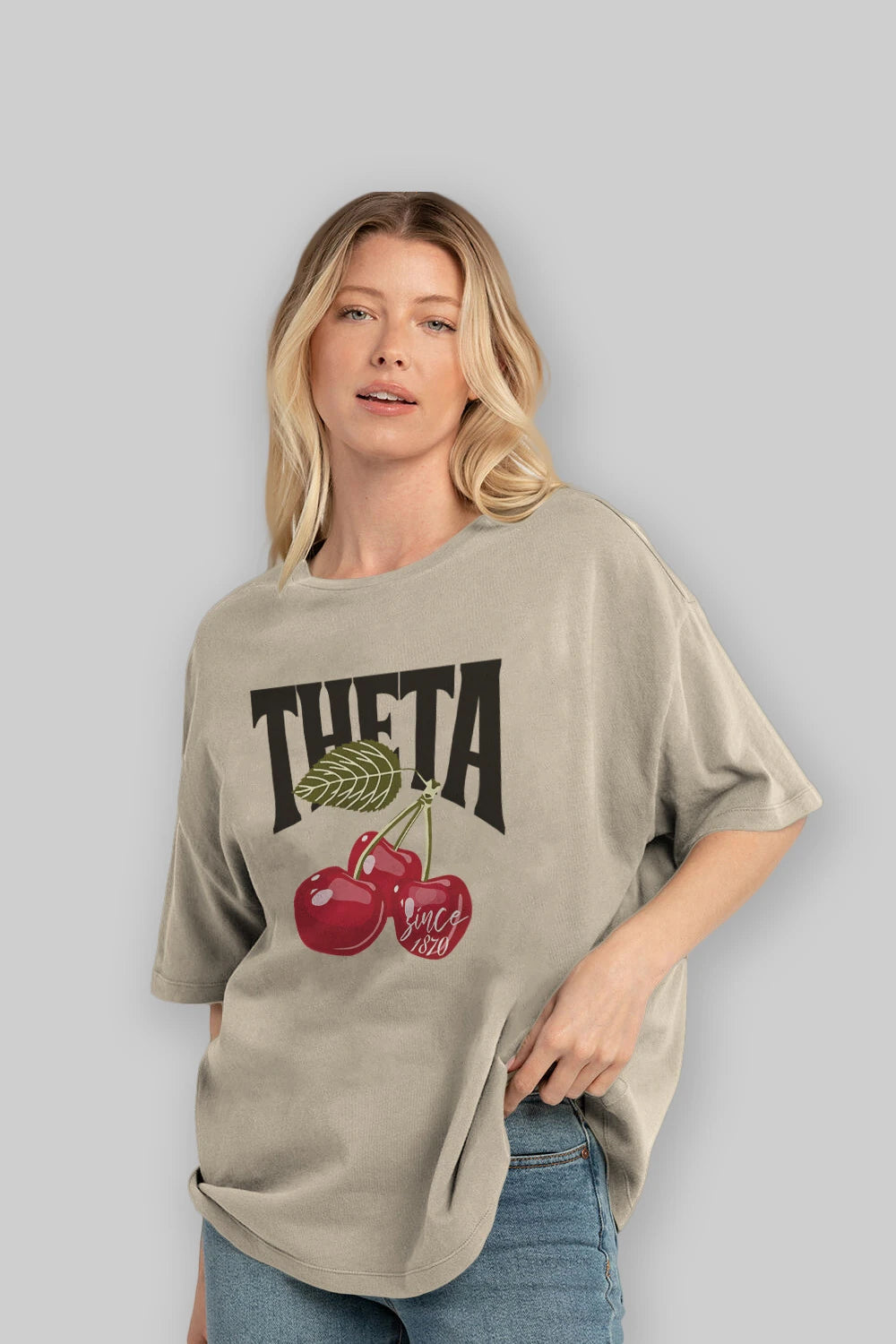 Theta Cherry Cherries Ön Baskılı Oversize t-shirt Erkek Kadın Pamuk Bisiklet Yaka tişort