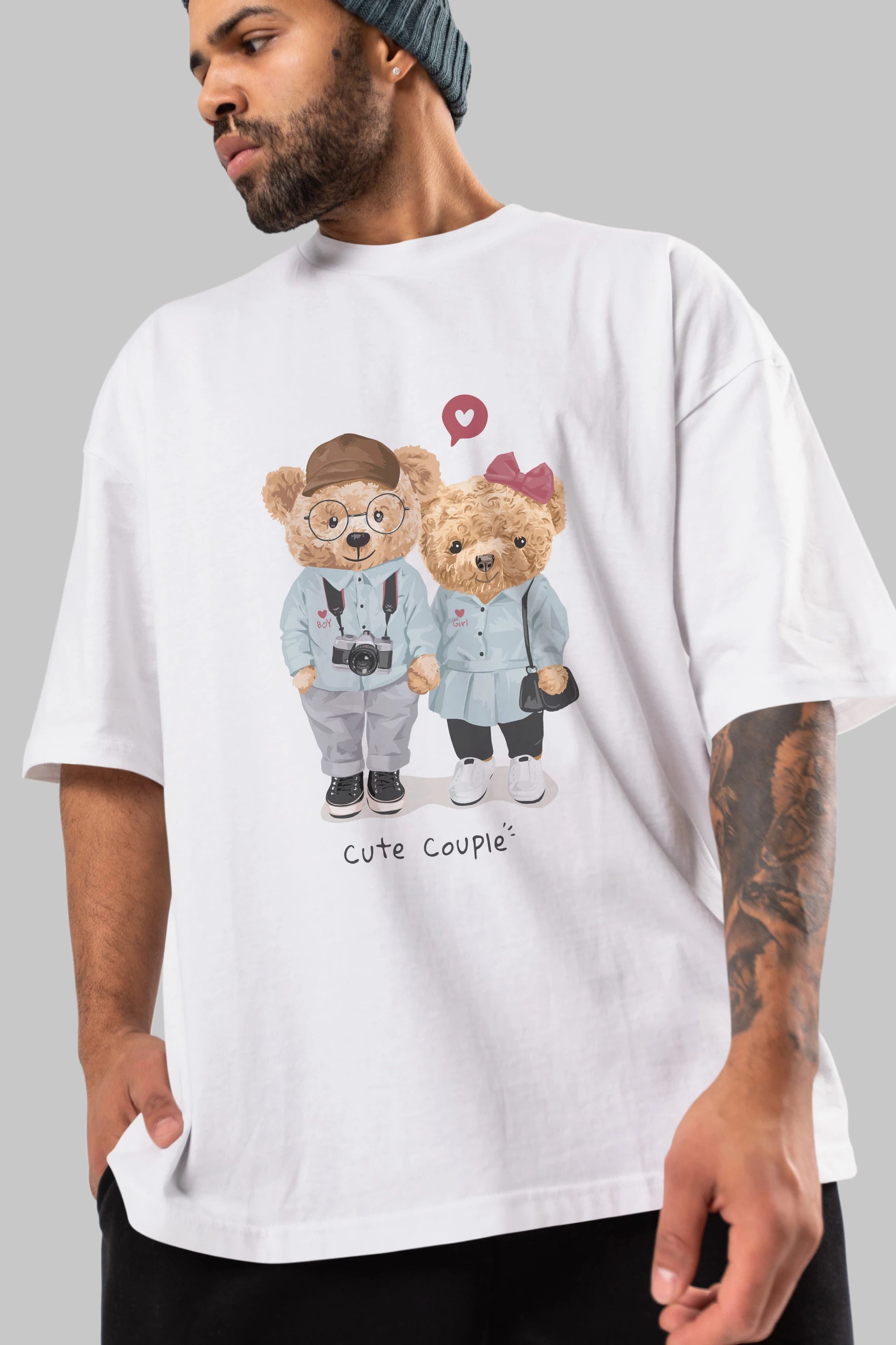 Teddy Bear Cute Couple Ön Baskılı Oversize t-shirt Erkek Kadın Unisex %100 Pamuk