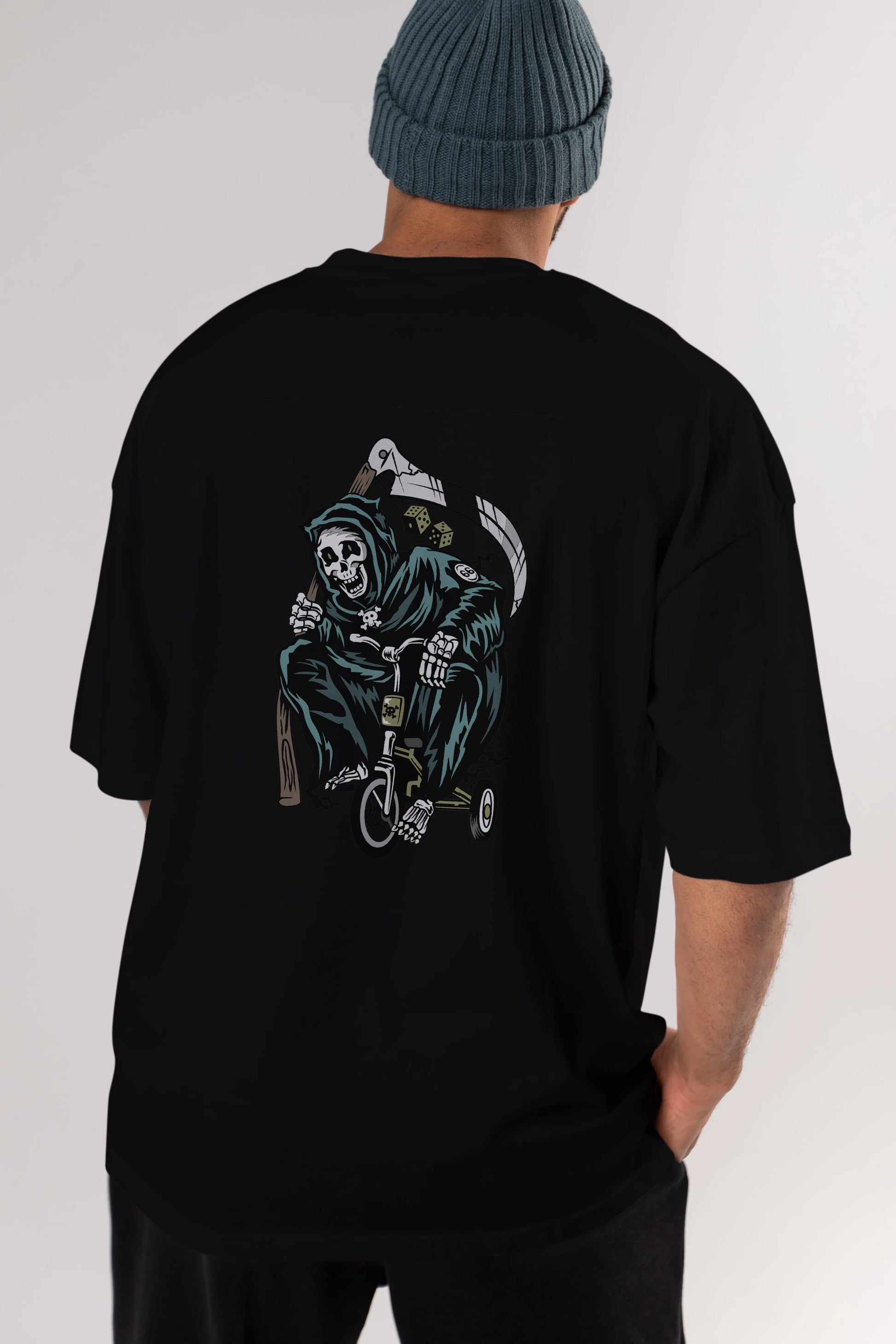 Grim Reaper Bicycle Arka Baskılı Oversize t-shirt Erkek Kadın Unisex %100 Pamuk tişort