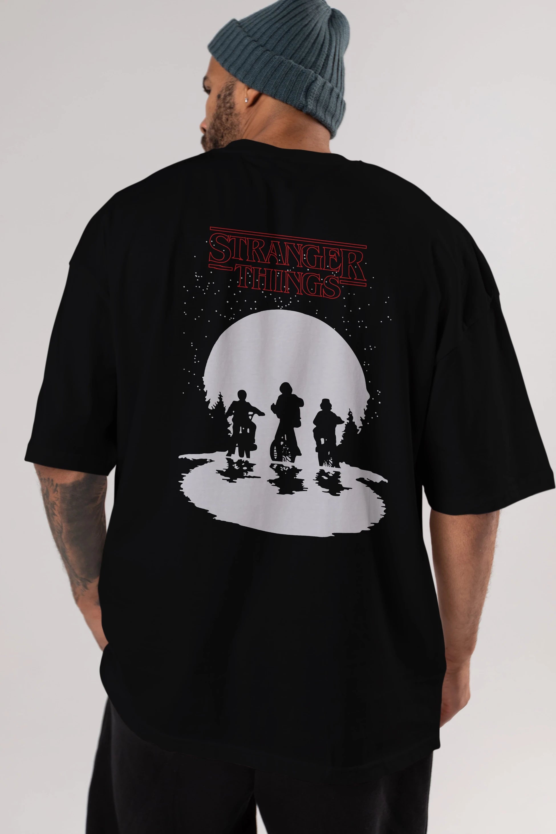 Stranger Things Arka Baskılı Oversize t-shirt Erkek Kadın Unisex %100 Pamuk Bisiklet Yaka tişort