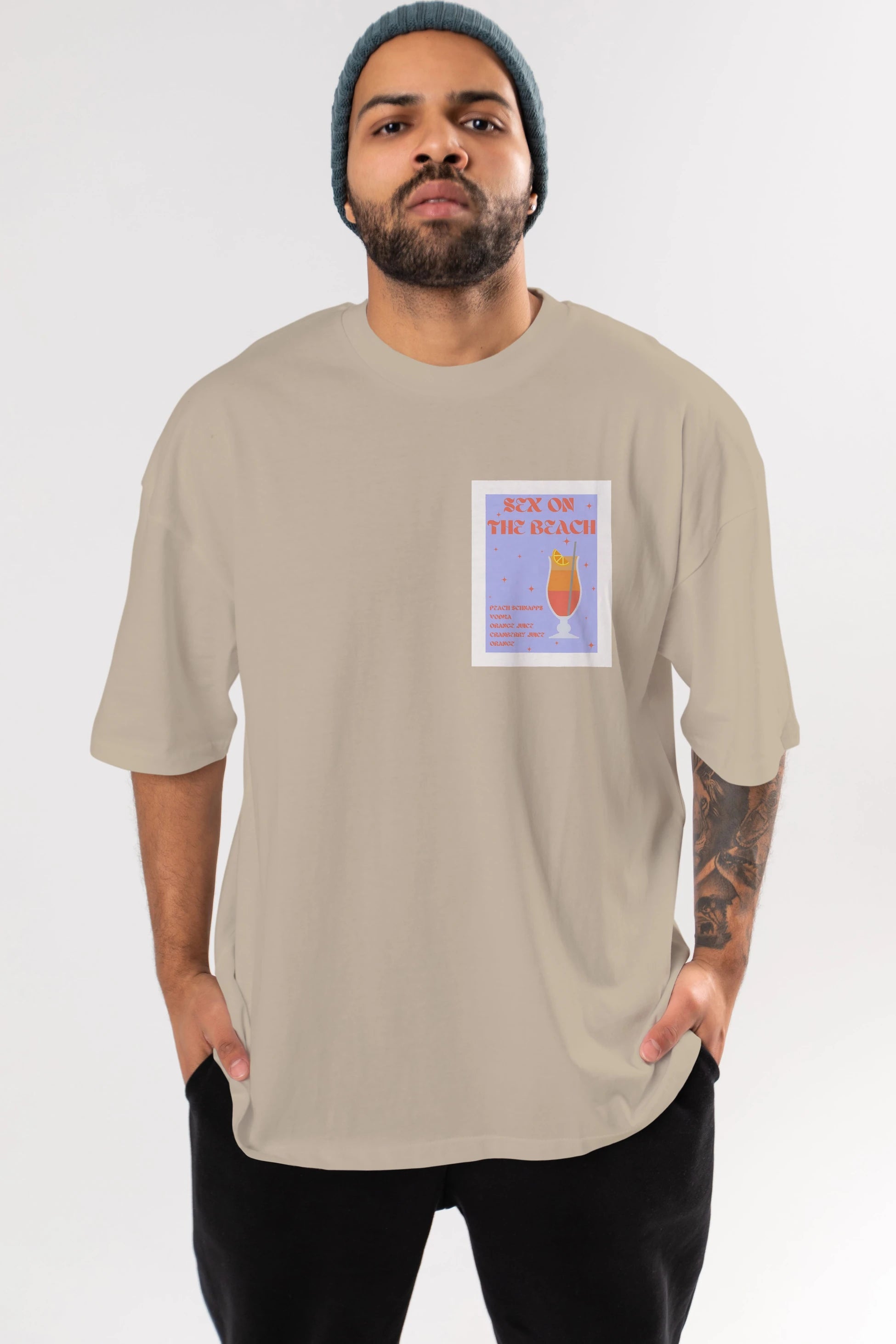 Sex On The Beach Ön Sol Baskılı Oversize t-shirt Erkek Kadın Unisex %100 Pamuk Bisiklet Yaka tişort