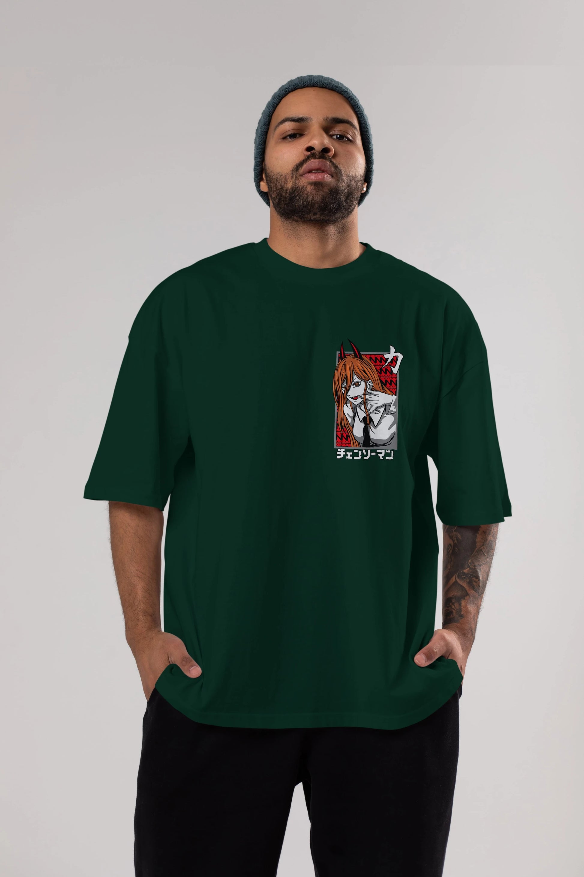 CHAINSAWMAN POWER Ön Sol Baskılı Oversize t-shirt Erkek Kadın Unisex %100 Pamuk Bisiklet Yaka tişort