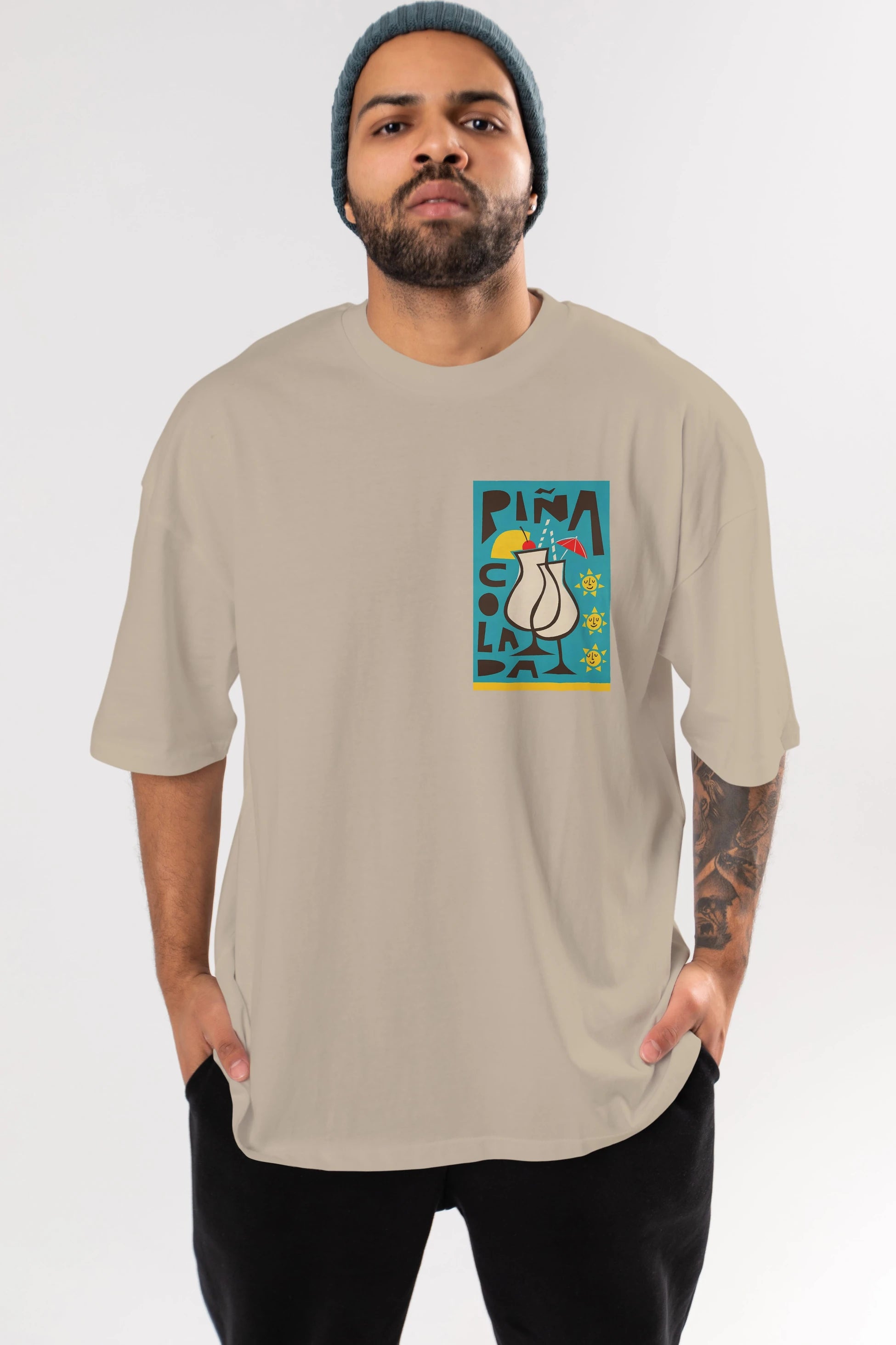 Pina Colada 4 Ön Sol Baskılı Oversize t-shirt Erkek Kadın Unisex %100 Pamuk Bisiklet Yaka tişort