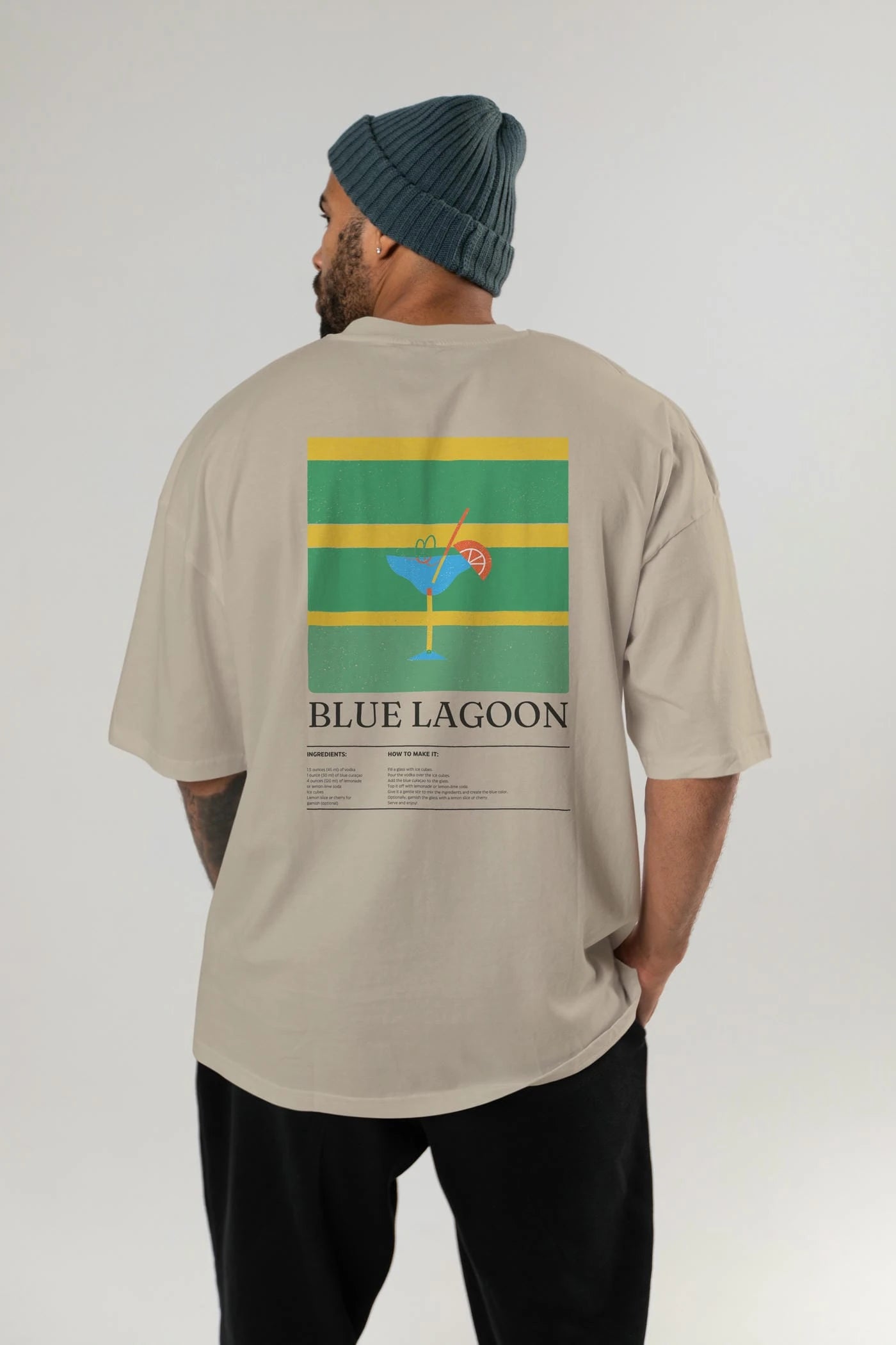 Blue Lagoon Kokteyl Serisi Arka Baskılı Oversize t-shirt Erkek Kadın %100 Pamuk Bisiklet Yaka tişort