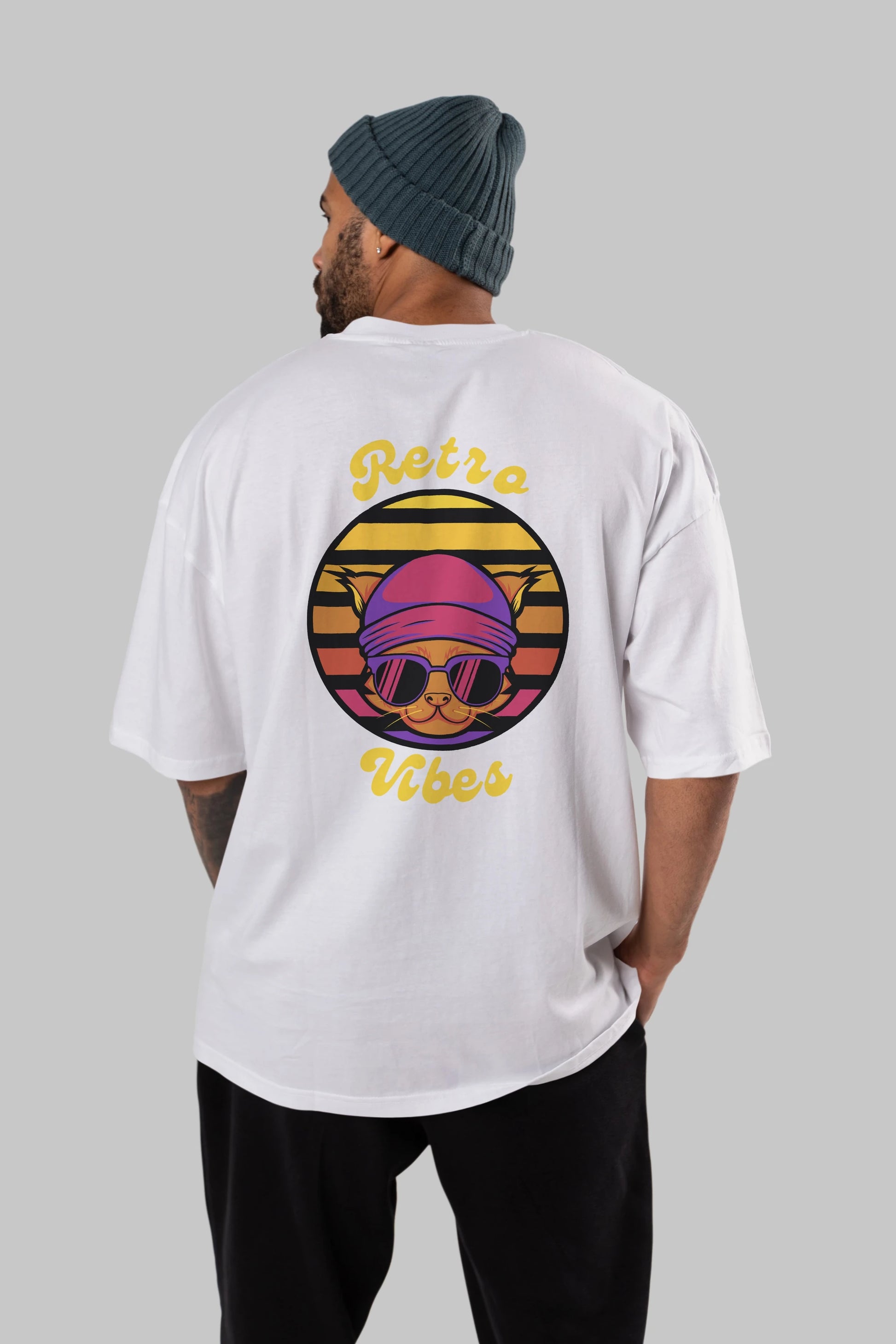 Cat Retro Vibes Arka Baskılı Oversize t-shirt Erkek Kadın Unisex