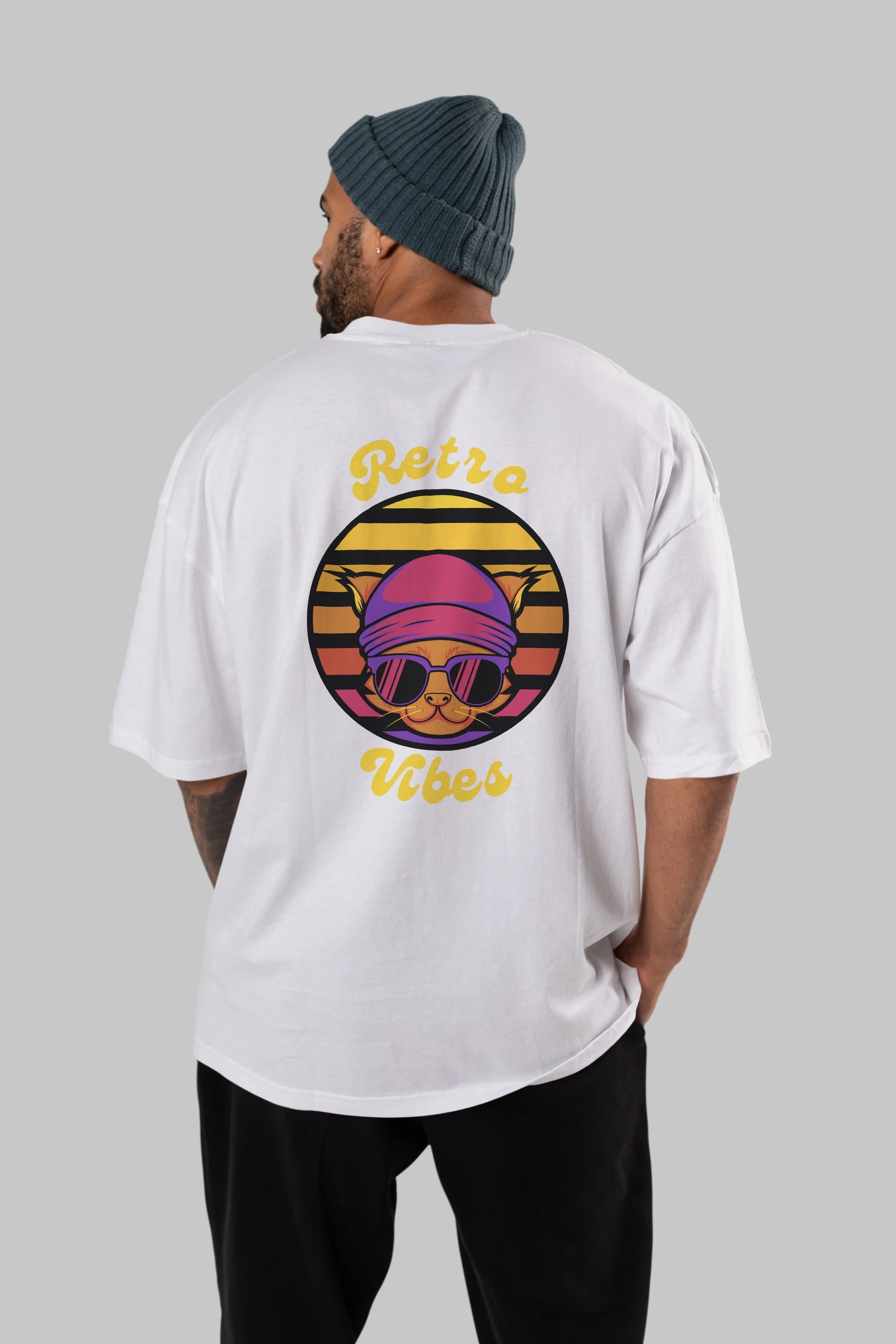 Cat Retro Vibes Arka Baskılı Oversize t-shirt Erkek Kadın Unisex