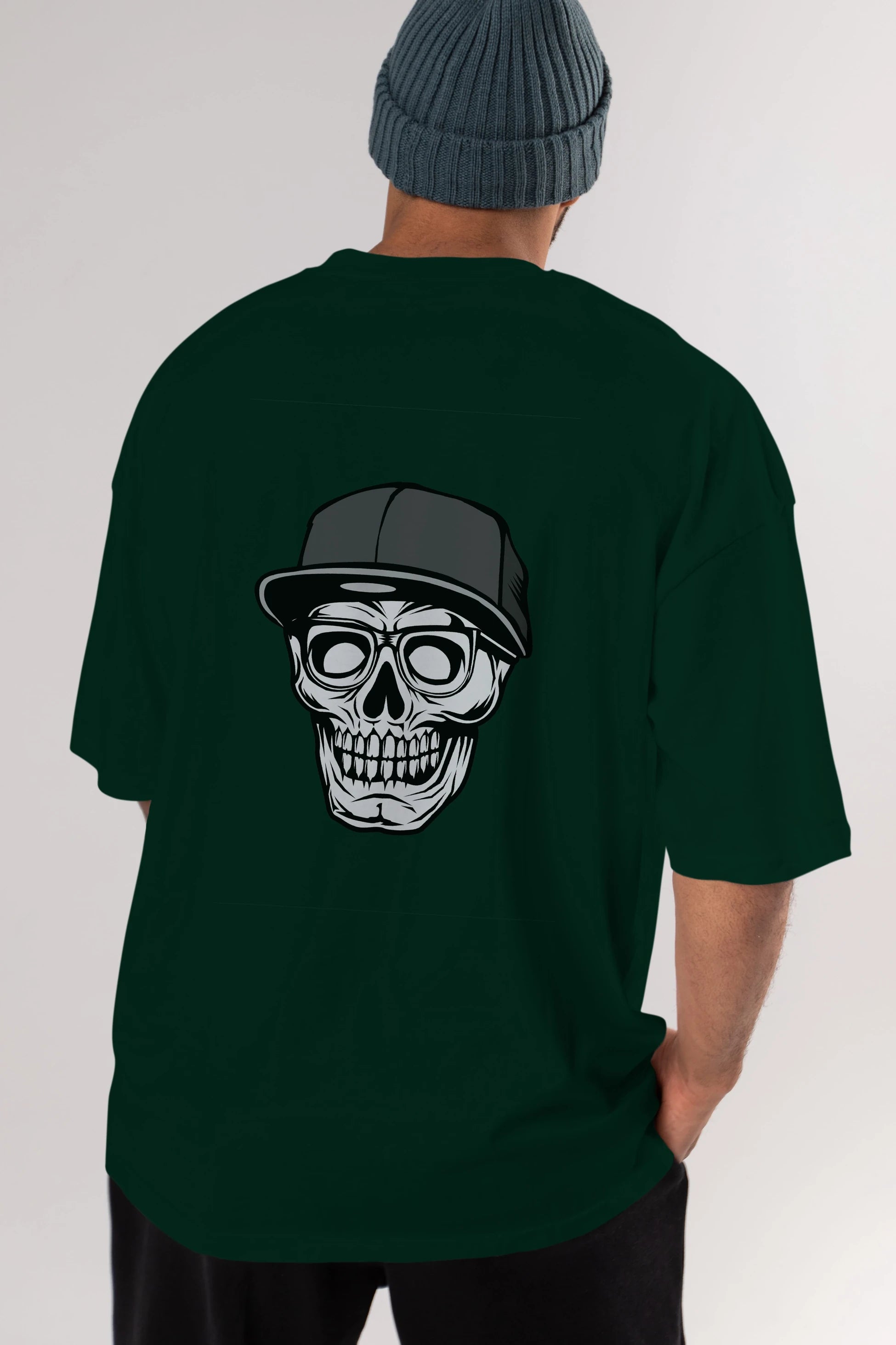Skull With Hat Arka Baskılı Oversize t-shirt Erkek Kadın Unisex %100 Pamuk tişort