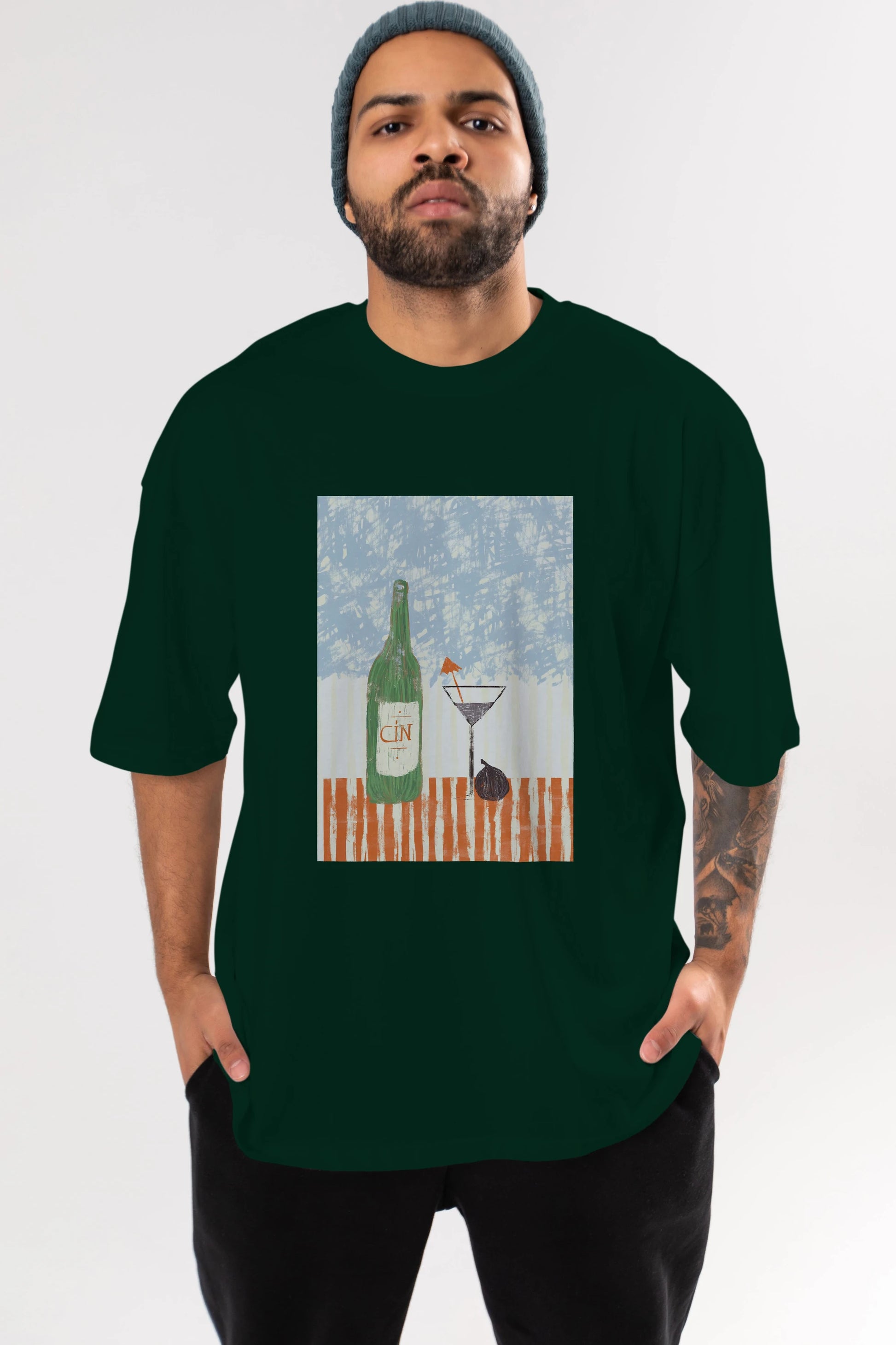 Gin Ön Baskılı Oversize t-shirt Erkek Kadın Unisex %100 Pamuk Bisiklet Yaka tişort