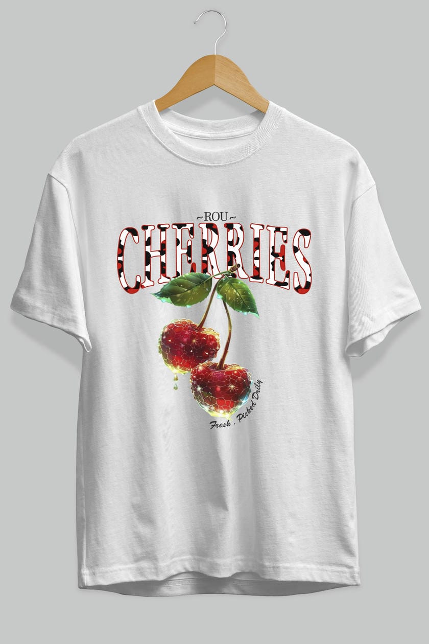 Cherry Cherries 7 Ön Baskılı Oversize t-shirt Erkek Kadın Pamuk Bisiklet Yaka tişort