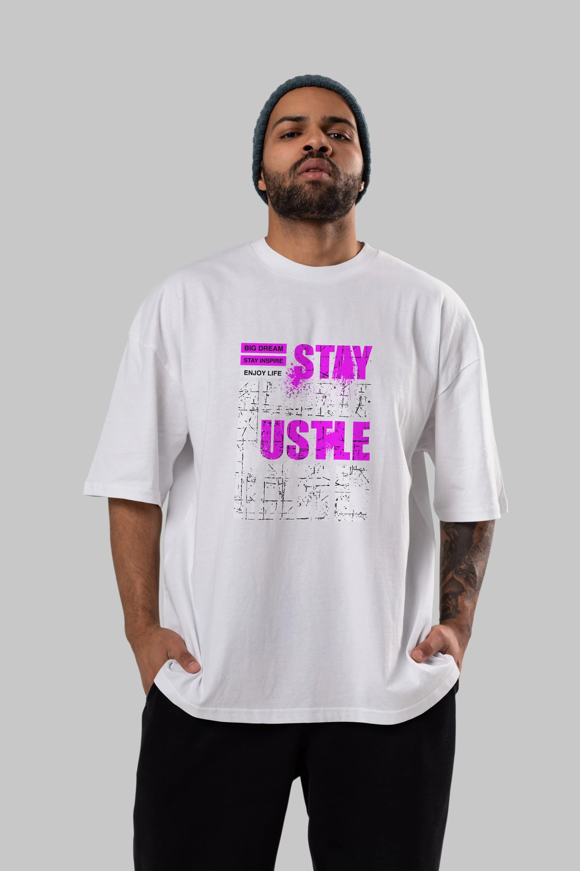 Stay Hustle Ön Baskılı Oversize t-shirt Erkek Kadın Unisex