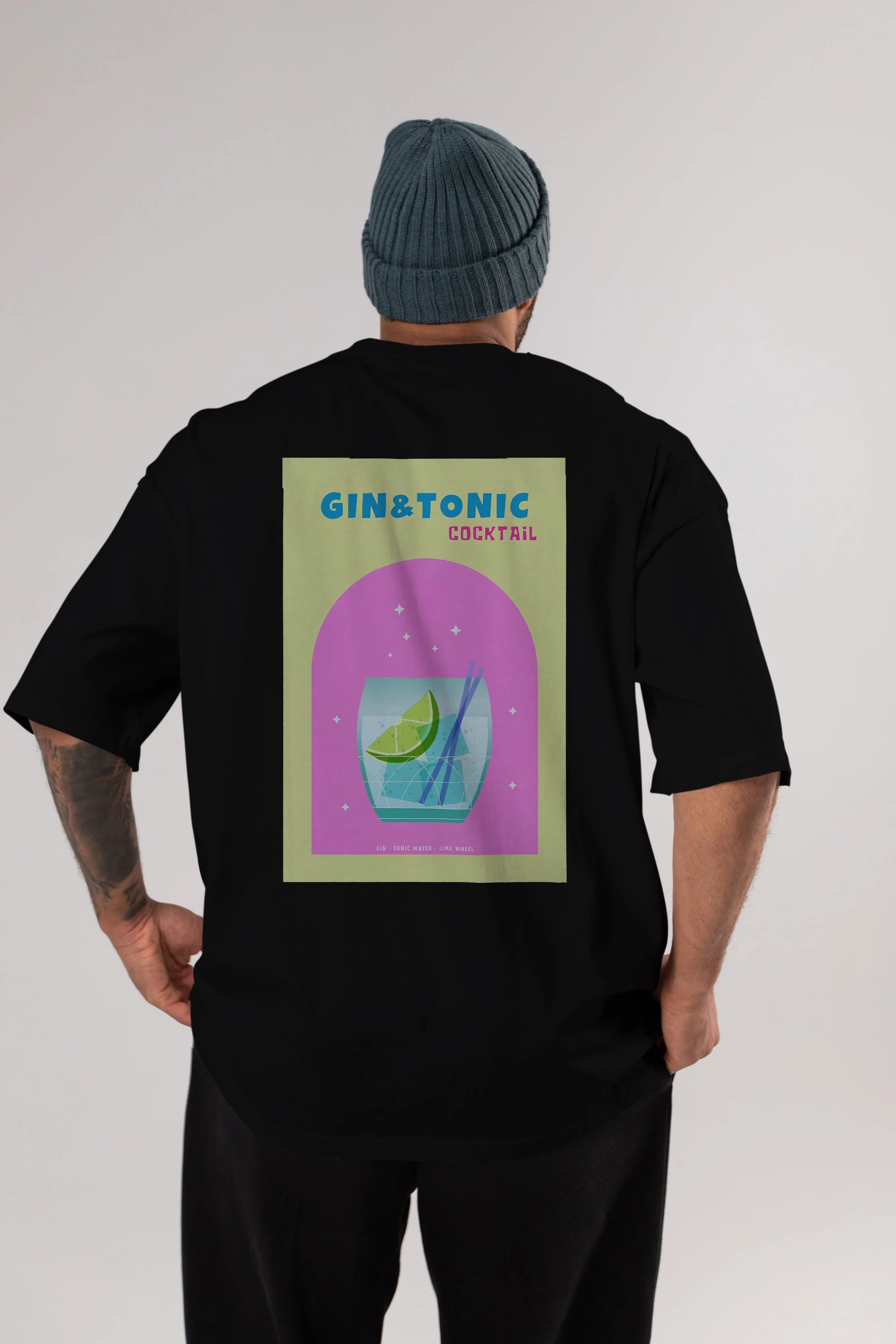 Gin Tonic Cocktail Arka Baskılı Oversize t-shirt Erkek Kadın Unisex %100 Pamuk Bisiklet Yaka tişort