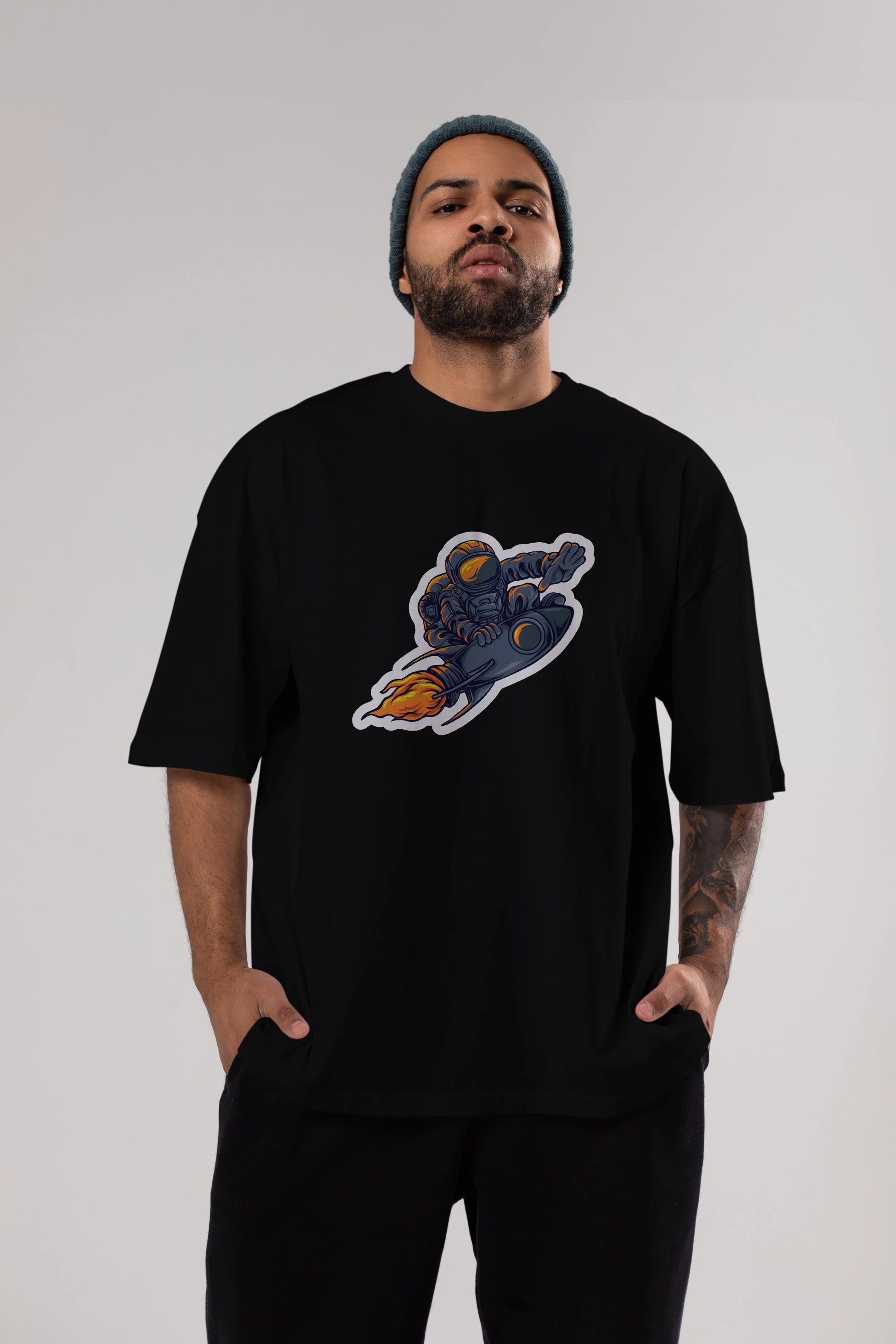 Astrocket Illustration Sticker Ön Baskılı Oversize t-shirt Erkek Kadın Unisex