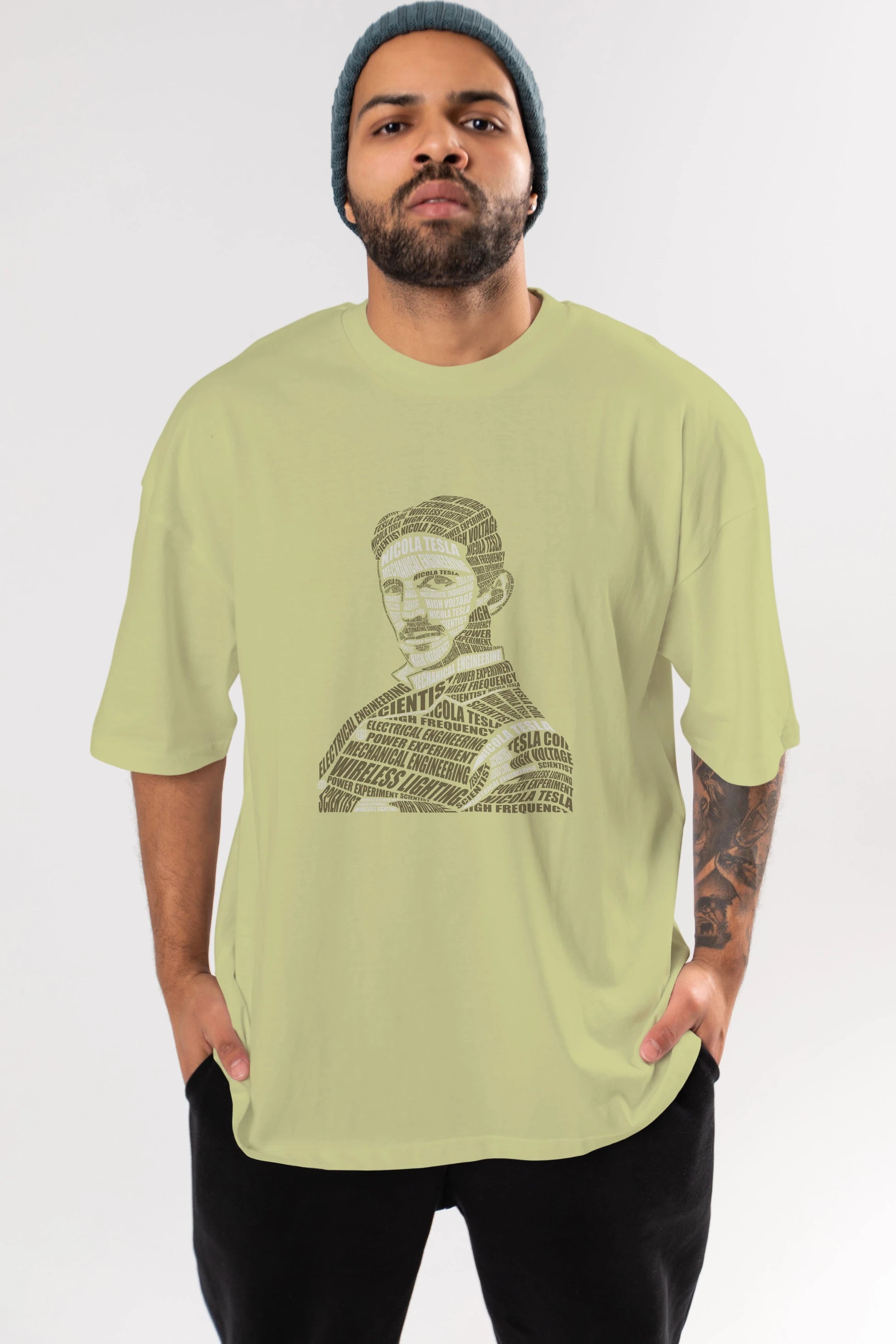 Nikola Tesla Calligram Ön Baskılı Oversize t-shirt %100 pamuk Erkek Kadın Unisex