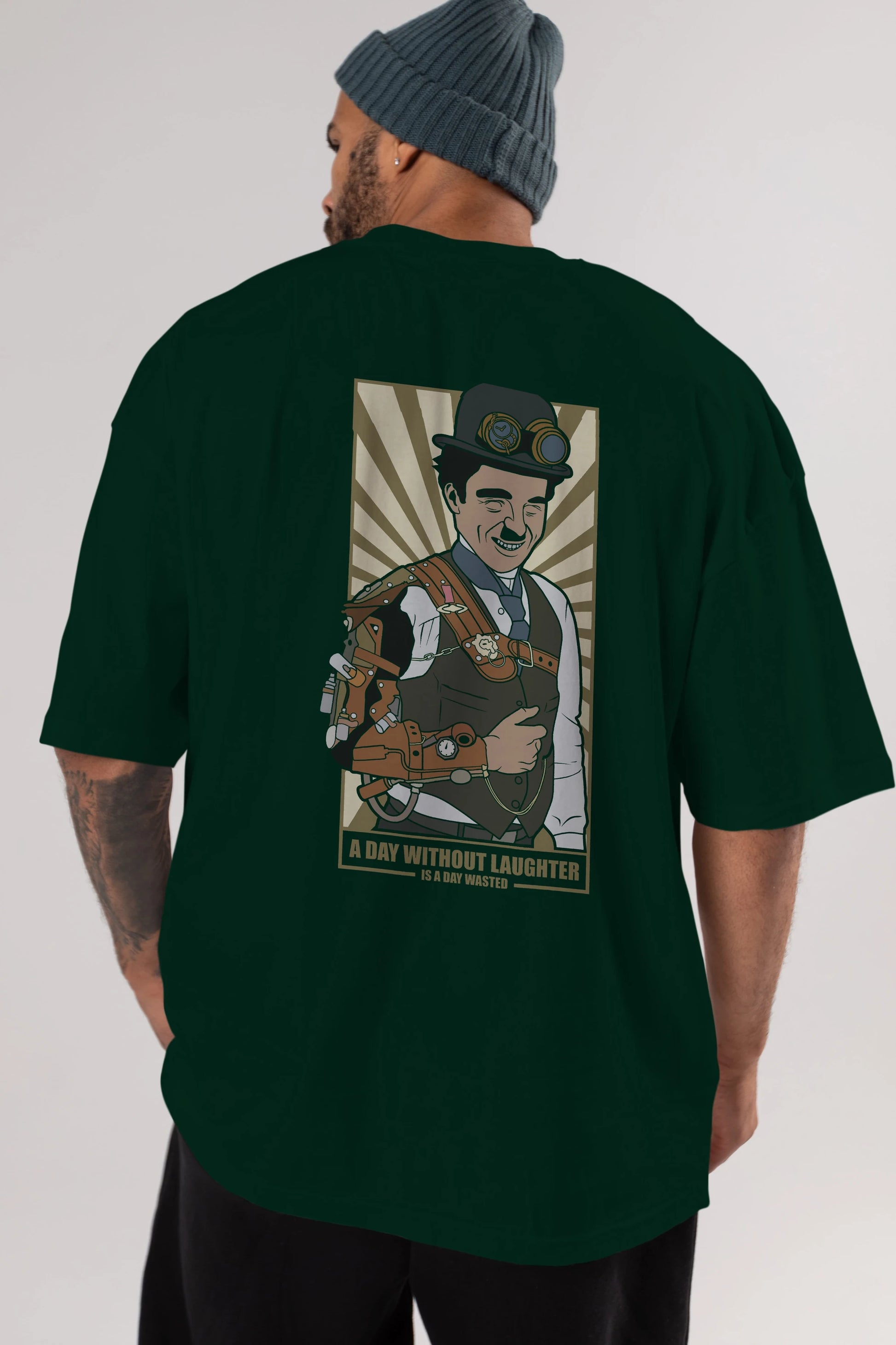 Steampunk Chaplin Arka Baskılı Oversize t-shirt Erkek Kadın Unisex %100 Pamuk tişort