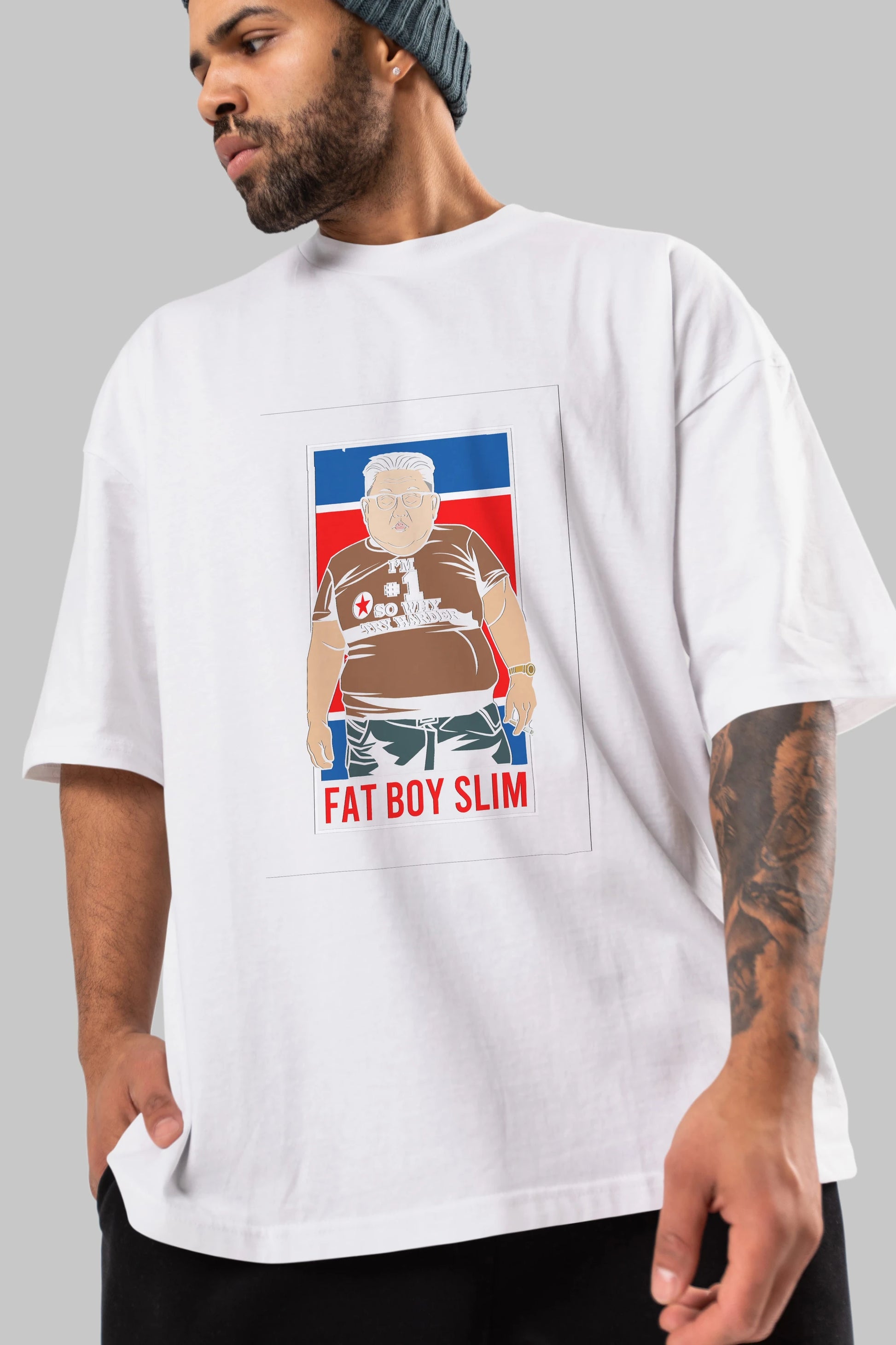 Fat Boy Slim Kim Jong Un Ön Baskılı Oversize t-shirt Erkek Kadın Unisex %100 Pamuk tişort