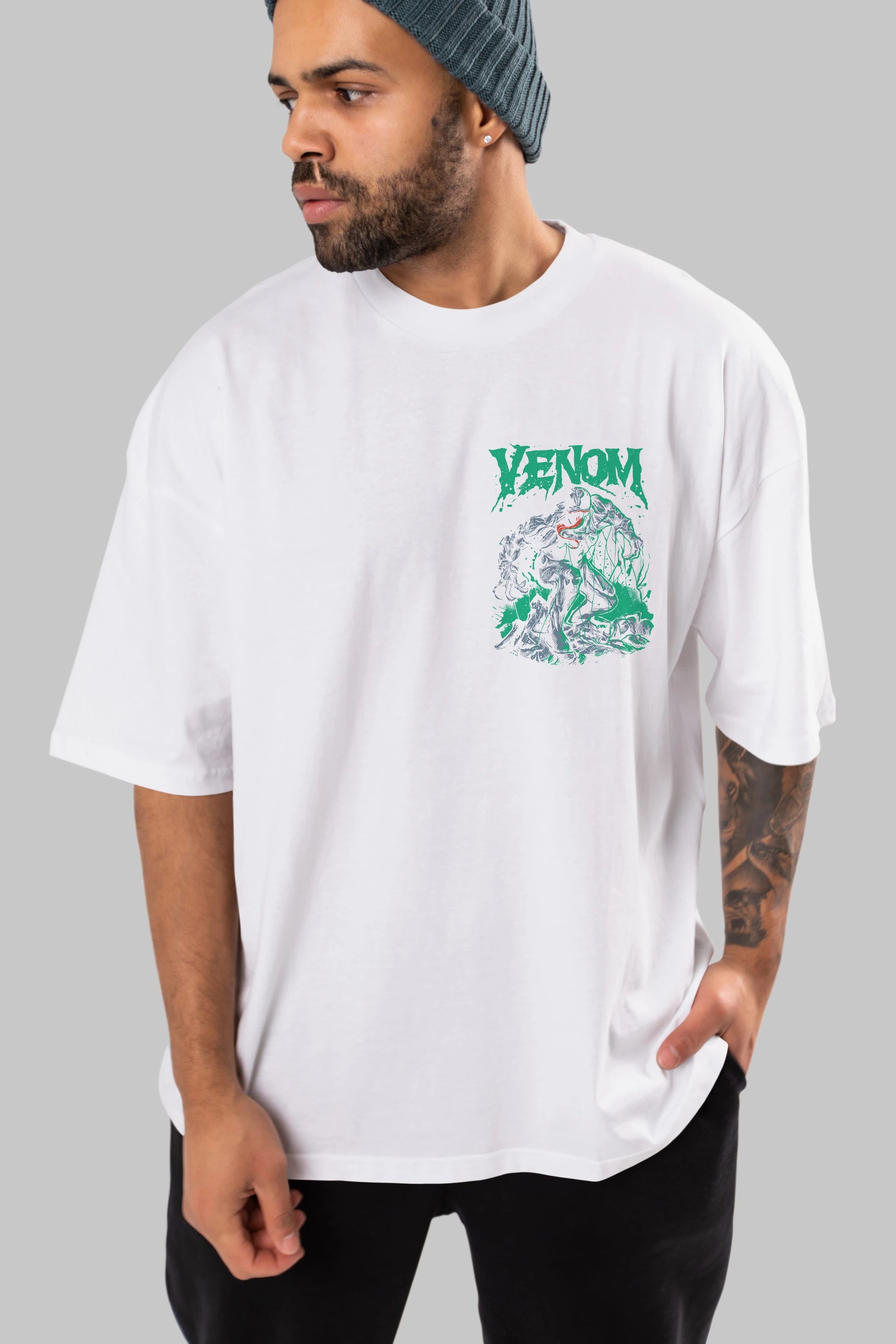 Venom (3) Ön Sol Baskılı Oversize t-shirt Erkek Kadın Unisex %100 Pamuk Bisiklet Yaka tişort
