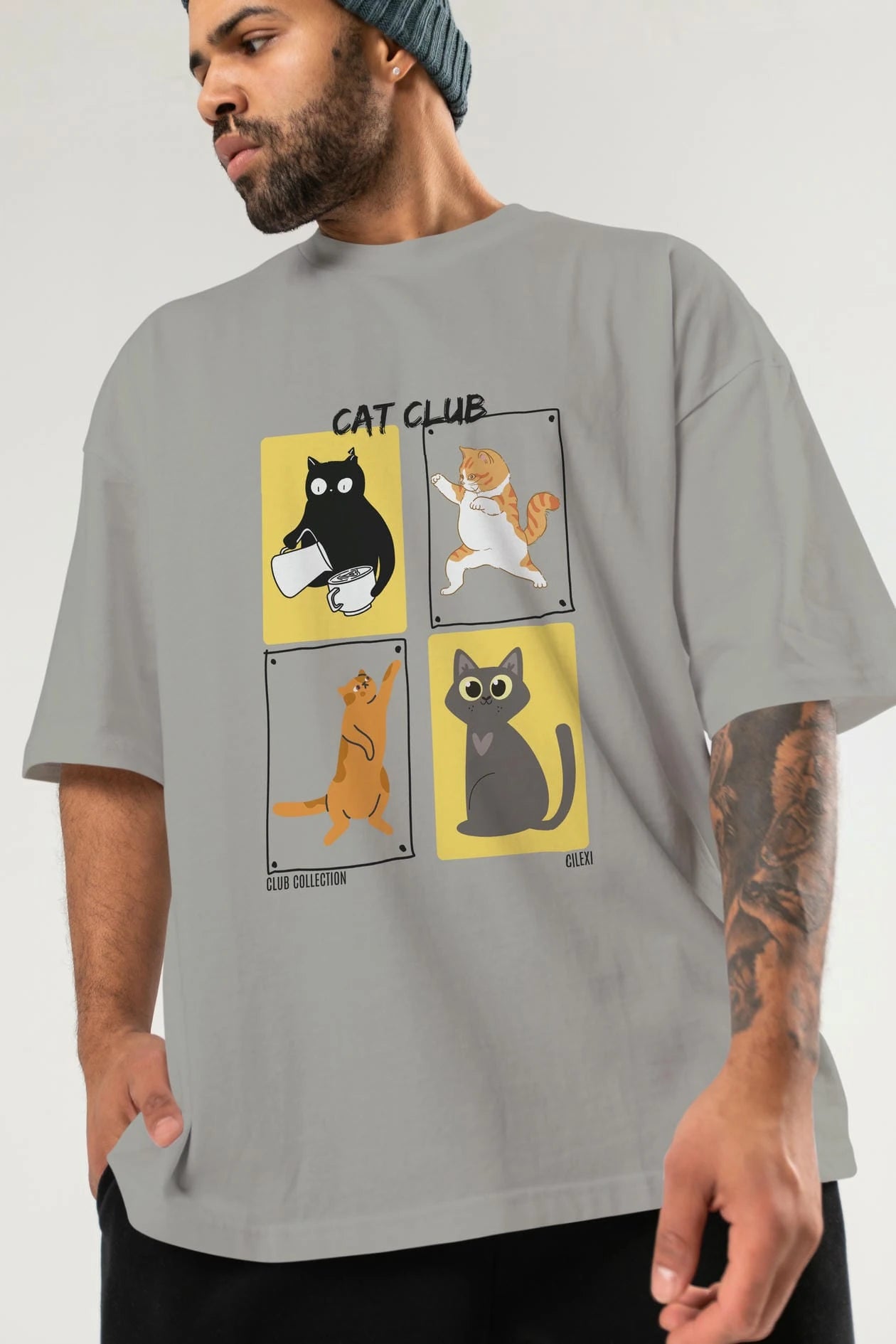 Cat Club ön Baskılı Oversize t-shirt Erkek Kadın %100 Pamuk Bisiklet Yaka tişort