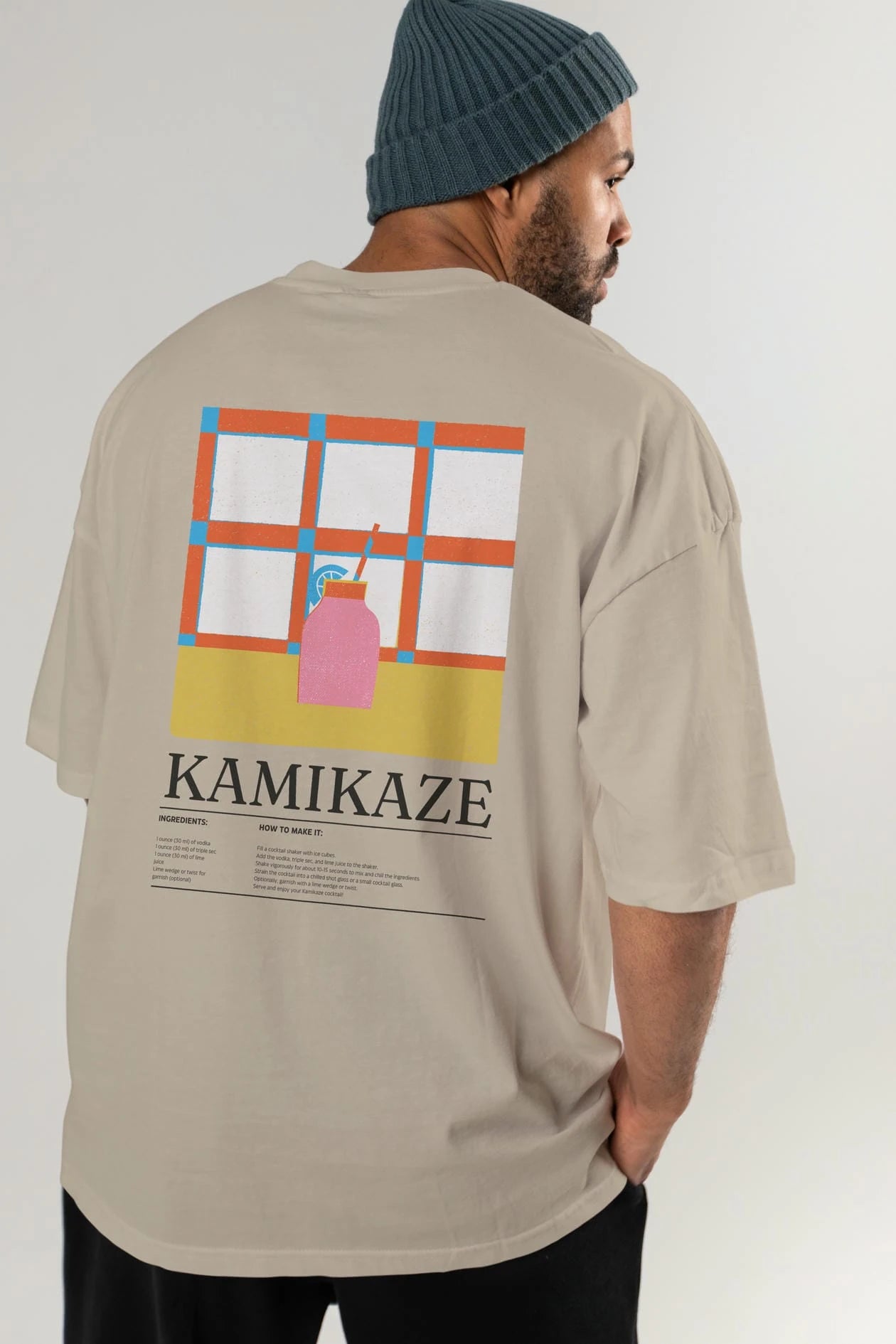 Kamikaze Kokteyl Serisi Arka Baskılı Oversize t-shirt Erkek Kadın %100 Pamuk Bisiklet Yaka tişort