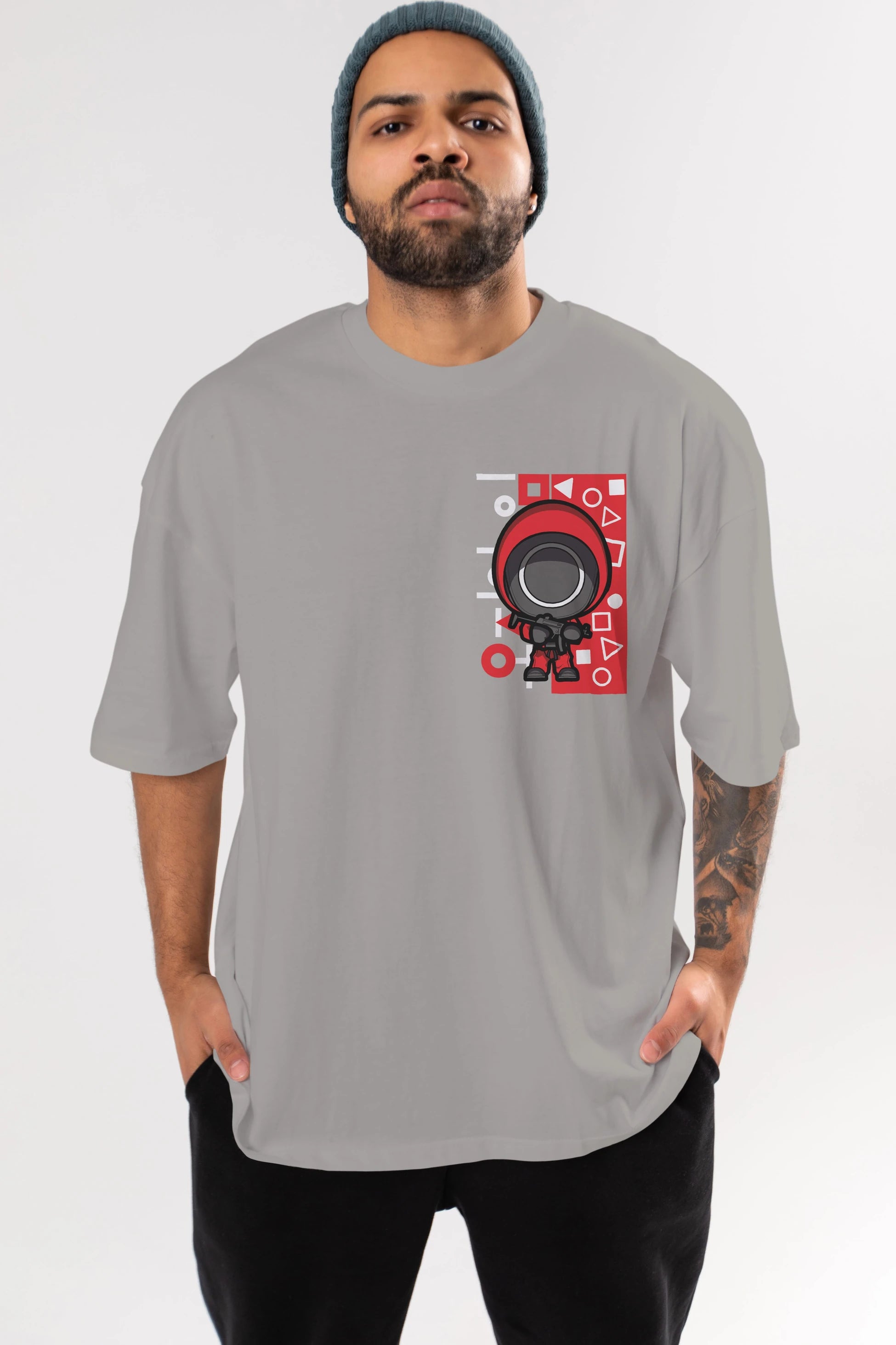Squid Game (4) Ön Sol Baskılı Oversize t-shirt Erkek Kadın Unisex %100 Pamuk Bisiklet Yaka tişort