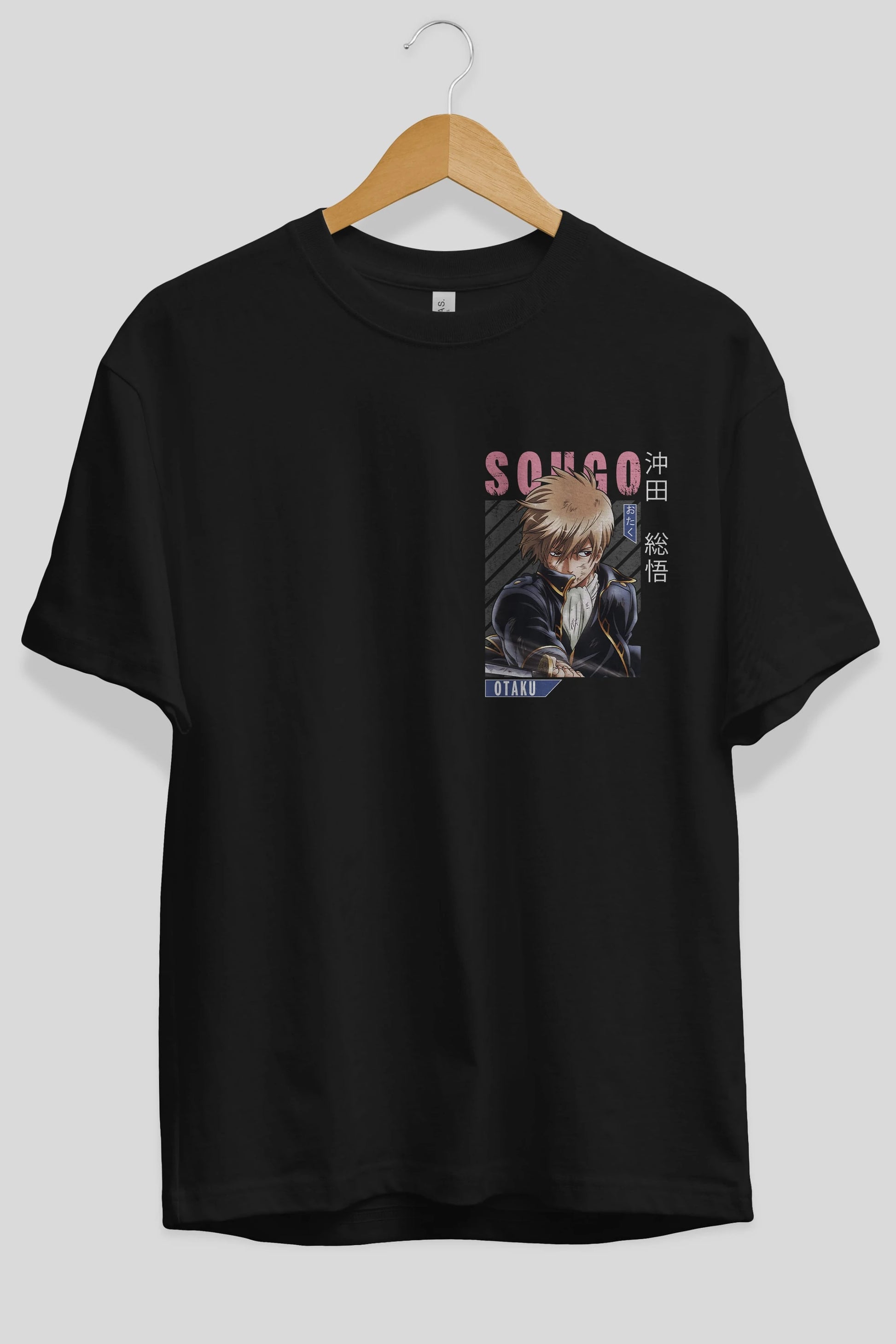 Sougo Okita GINTAMA Ön Sol Baskılı Oversize t-shirt Erkek Kadın Unisex %100 Pamuk Bisiklet Yaka tişort