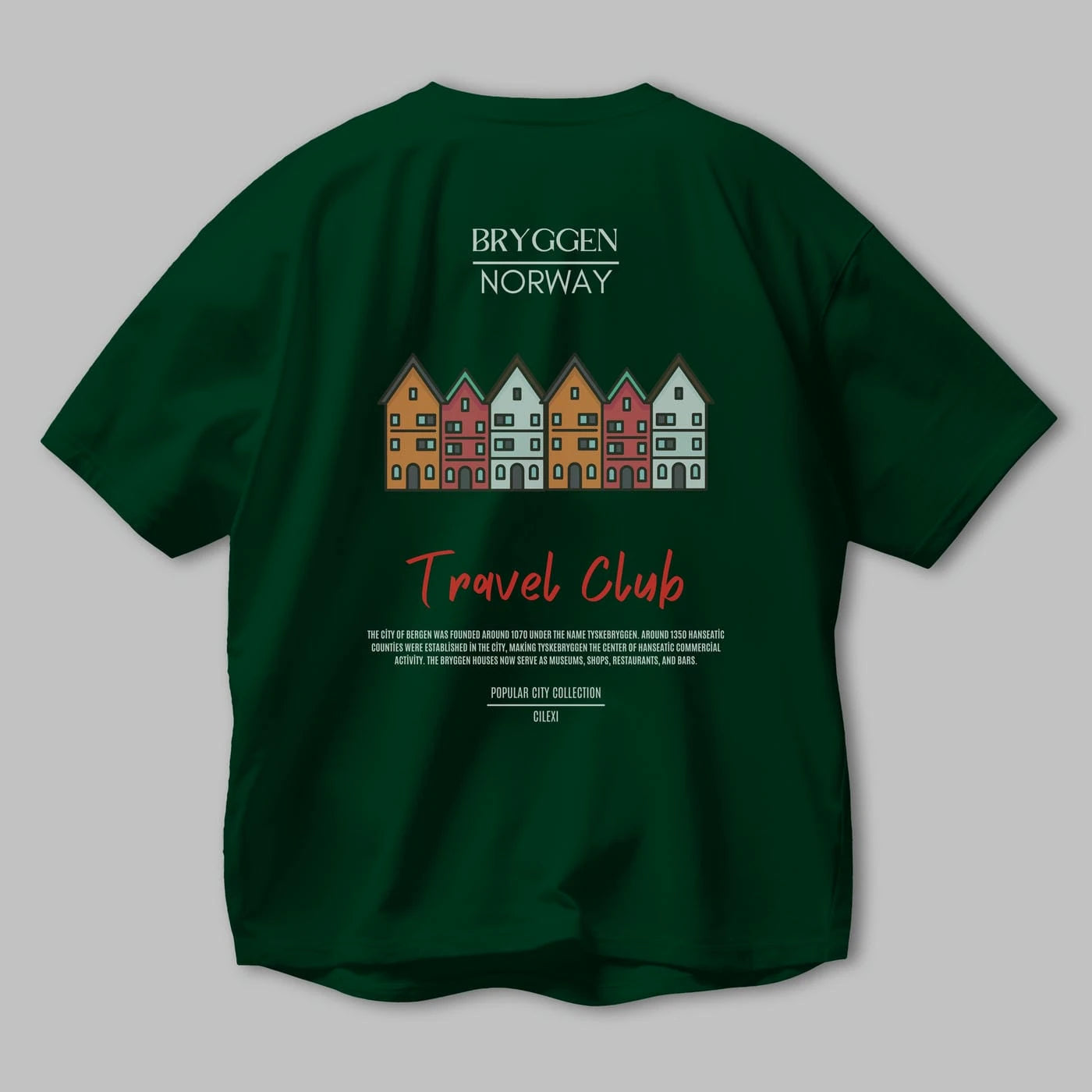 Bryggen Norway Arka Baskılı Oversize t-shirt Erkek Kadın Pamuk Bisiklet Yaka tişort