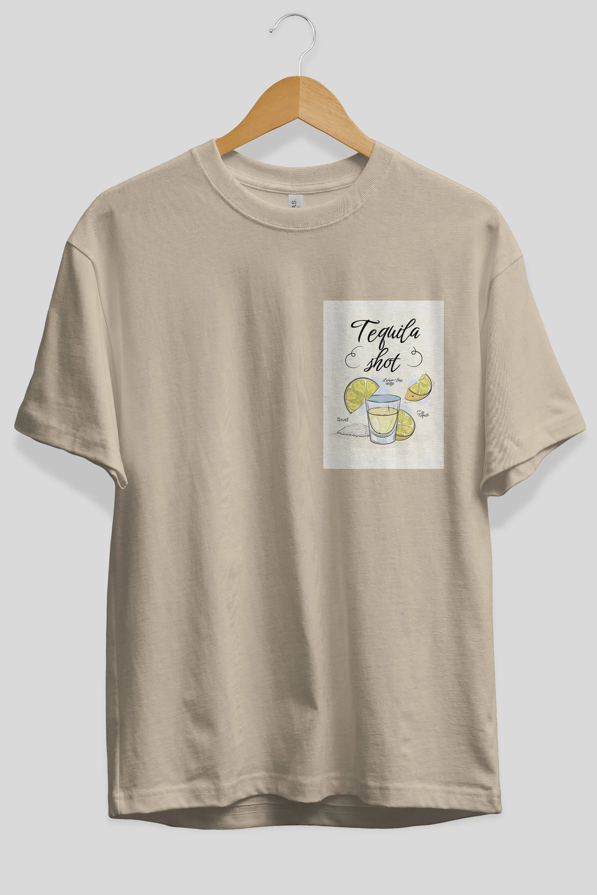 Tequila Shot Ön Sol Baskılı Oversize t-shirt Erkek Kadın Unisex %100 Pamuk Bisiklet Yaka tişort