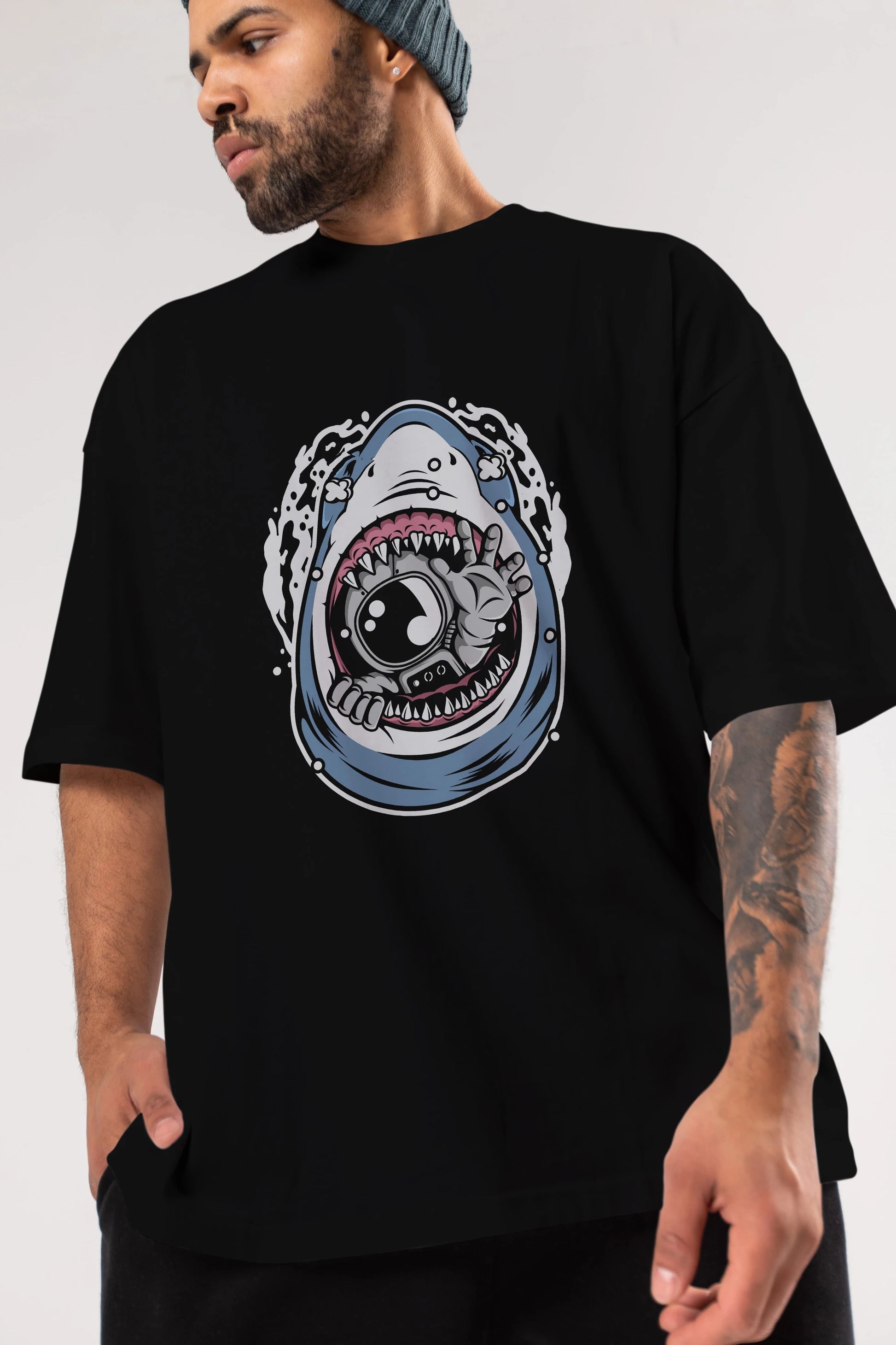 Astronaut Shark Ön Baskılı Oversize t-shirt Erkek Kadın Unisex