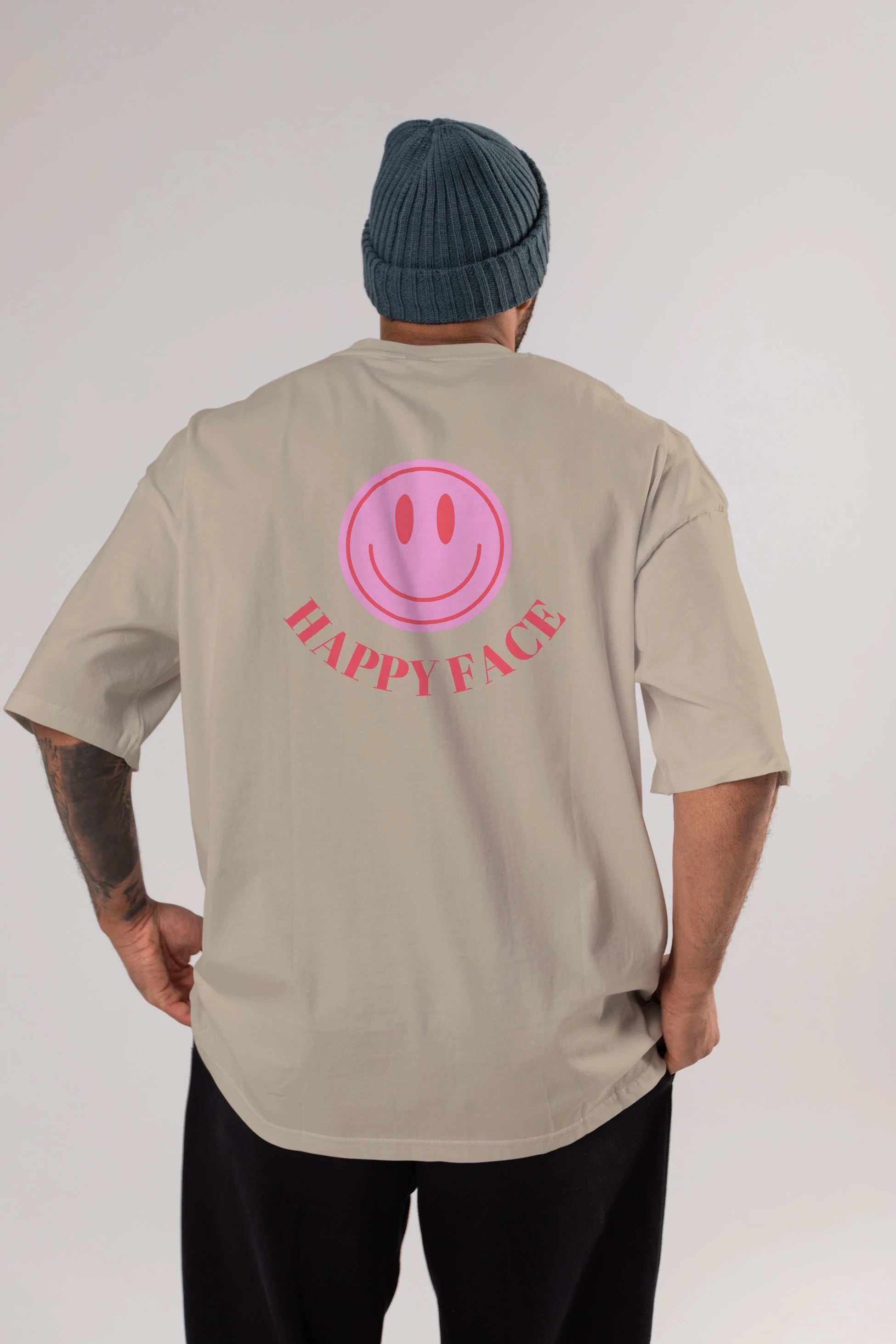 Happy Face Yazılı Arka Baskılı Oversize t-shirt Erkek Kadın Unisex