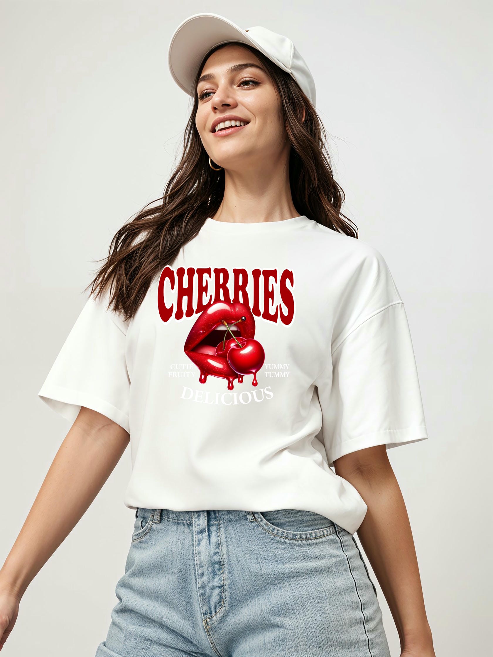 Cherry Cherries 2 Ön Baskılı Oversize t-shirt Erkek Kadın Pamuk Bisiklet Yaka tişort