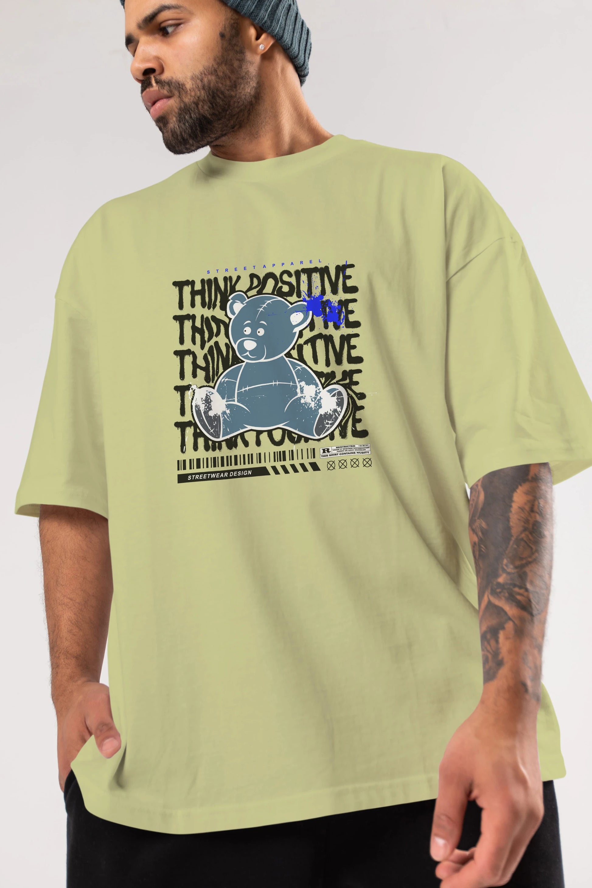 Teddy Bear Think Positive Ön Baskılı Oversize t-shirt Erkek Kadın Unisex