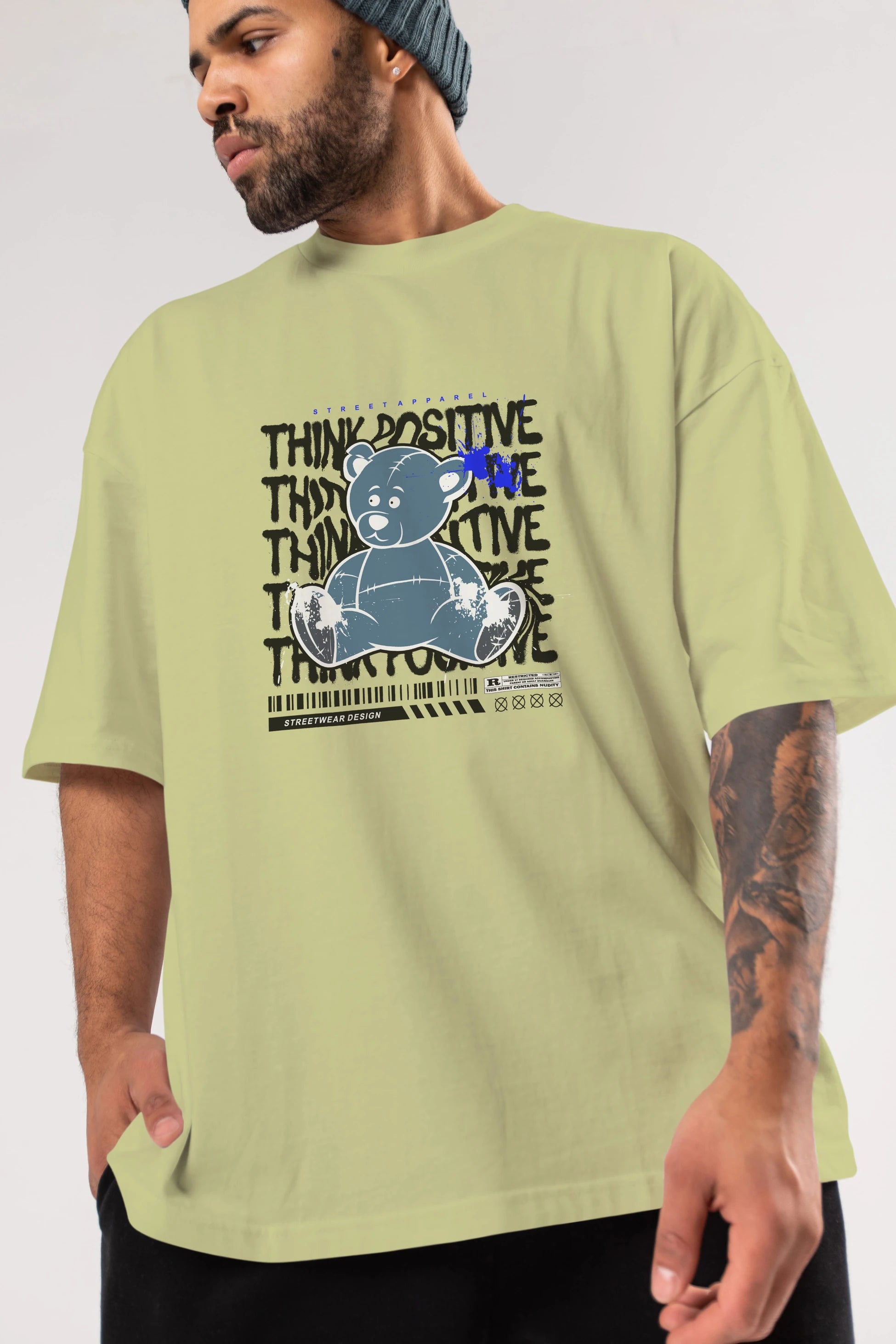 Teddy Bear Think Positive Ön Baskılı Oversize t-shirt Erkek Kadın Unisex
