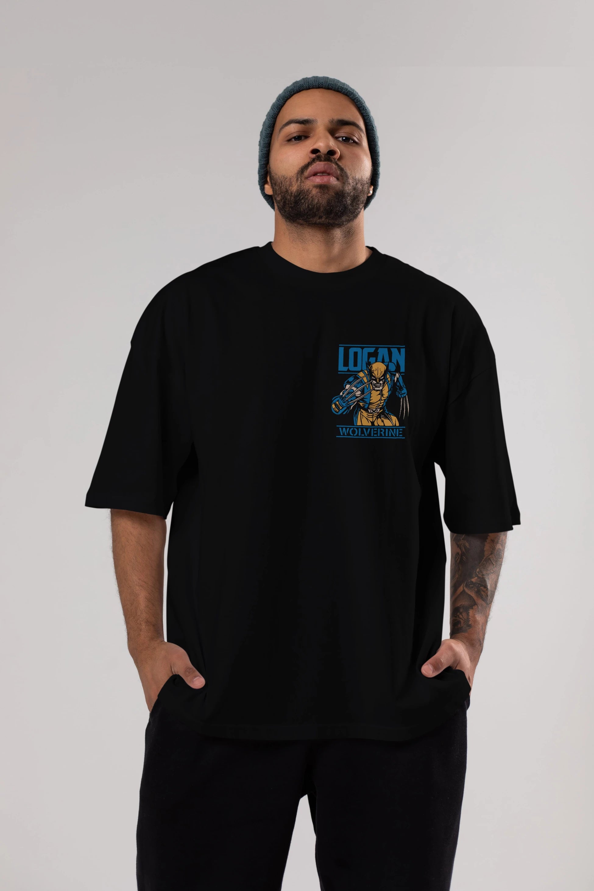 Wolverine Logan Ön Sol Baskılı Oversize t-shirt Erkek Kadın Unisex %100 Pamuk Bisiklet Yaka tişort