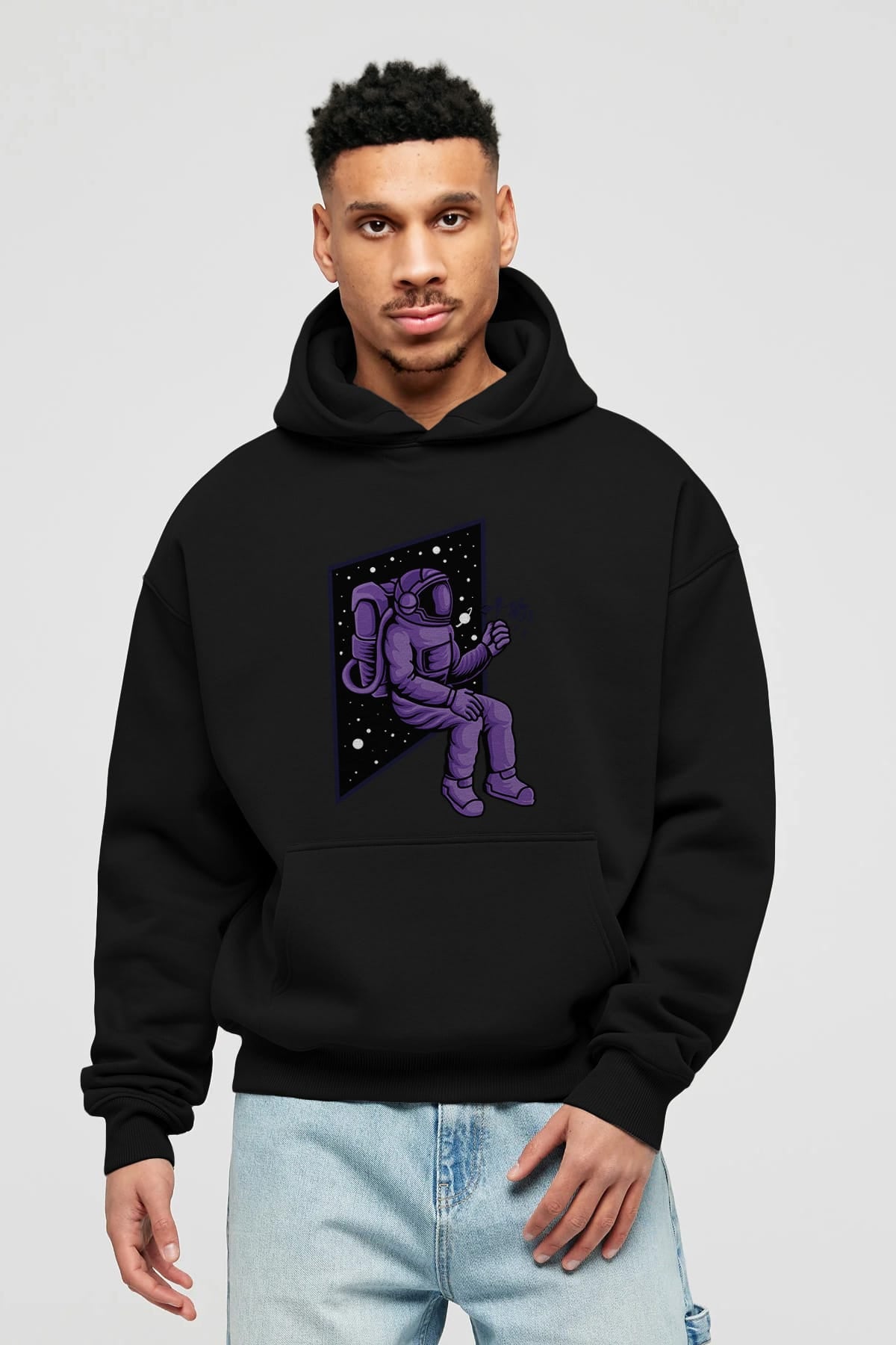 Astronaut holding black rose Ön Baskılı Hoodie Oversize Kapüşonlu Sweatshirt Erkek Kadın Unisex