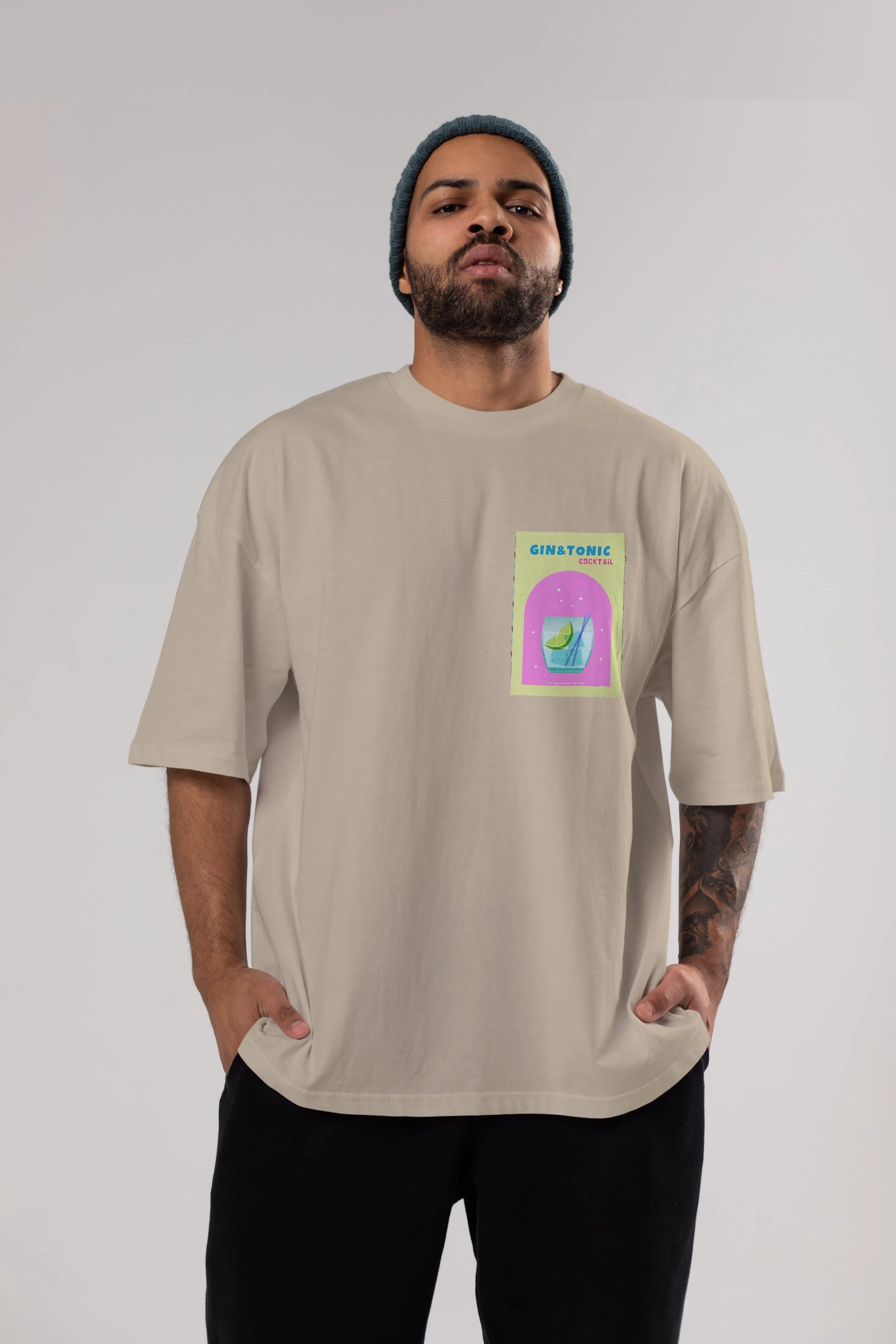 Gin Tonic Cocktail Ön Sol Baskılı Oversize t-shirt Erkek Kadın Unisex %100 Pamuk Bisiklet Yaka tişort