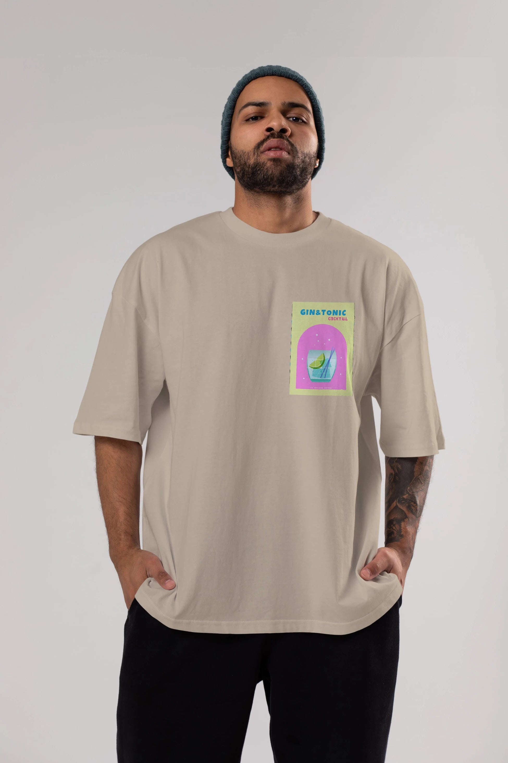 Gin Tonic Cocktail Ön Sol Baskılı Oversize t-shirt Erkek Kadın Unisex %100 Pamuk Bisiklet Yaka tişort