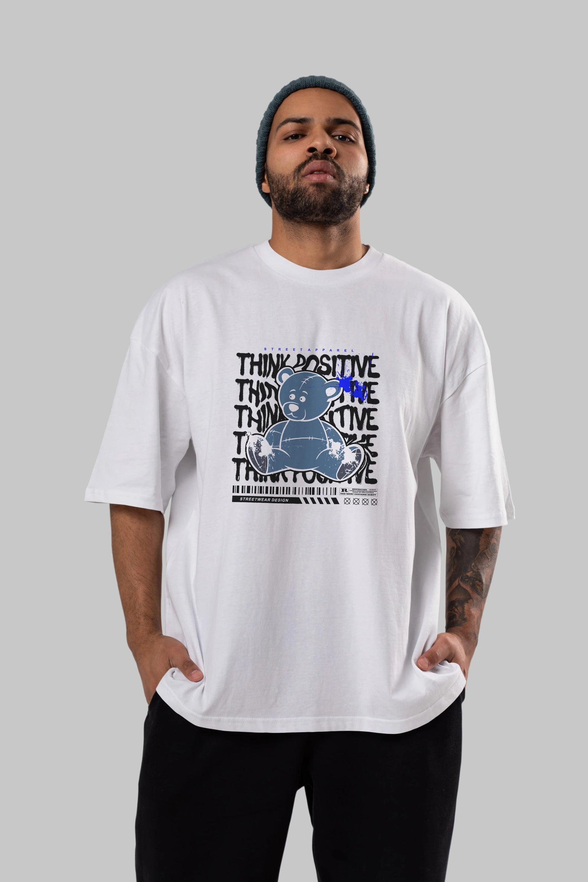 Teddy Bear Think Positive Ön Baskılı Oversize t-shirt Erkek Kadın Unisex