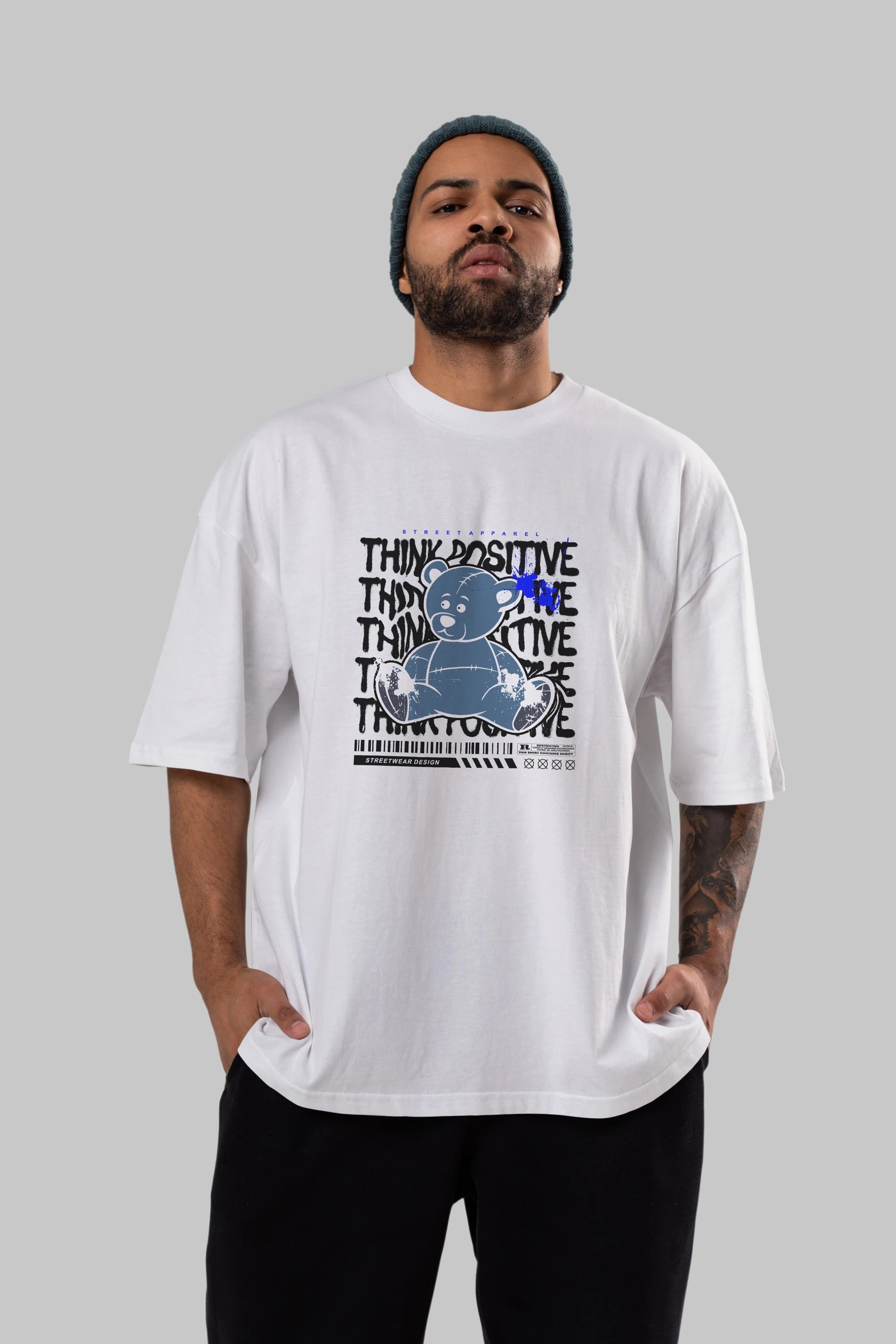 Teddy Bear Think Positive Ön Baskılı Oversize t-shirt Erkek Kadın Unisex