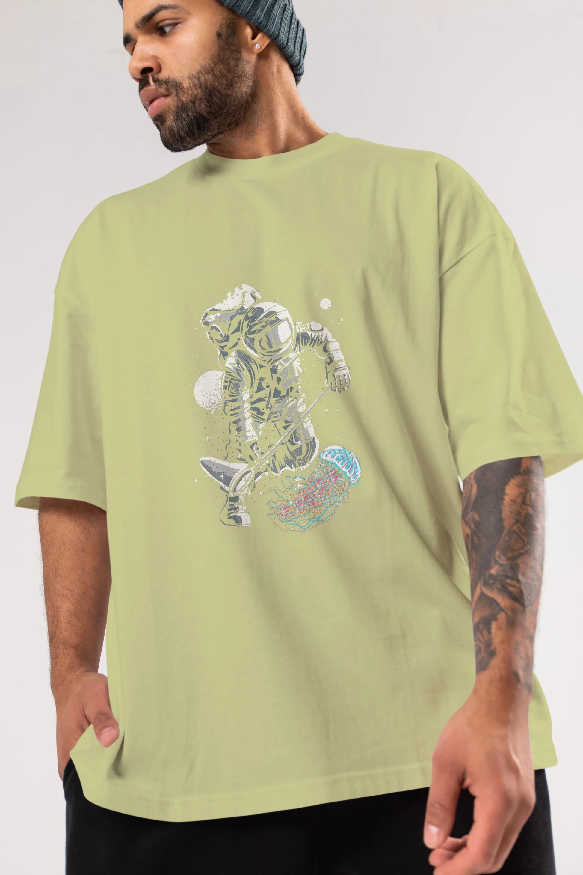 Astronaut Jellyfish Ön Baskılı Oversize t-shirt Erkek Kadın Unisex %100 Pamuk tişort
