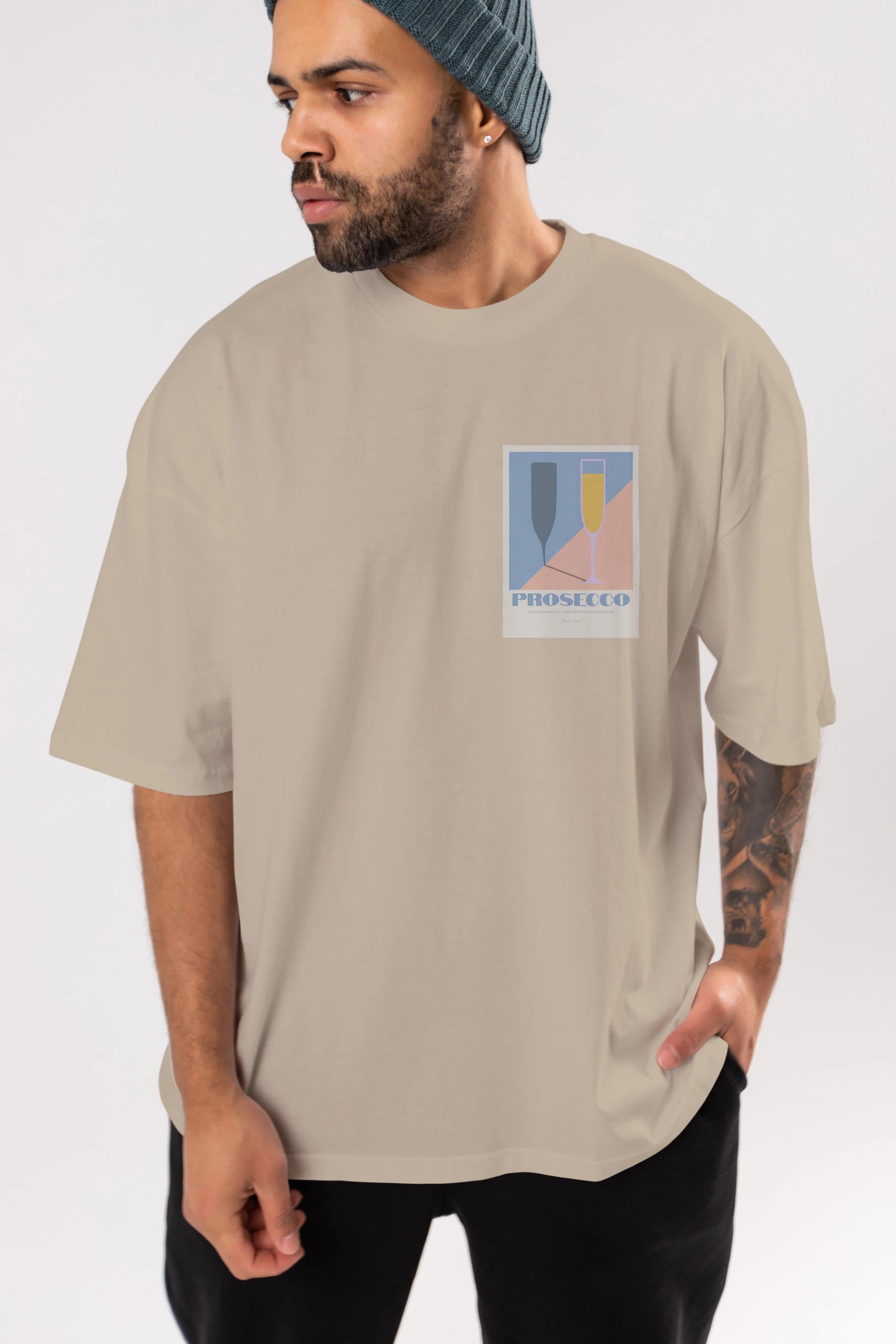 Prosecco Ön Sol Baskılı Oversize t-shirt Erkek Kadın Unisex %100 Pamuk Bisiklet Yaka tişort