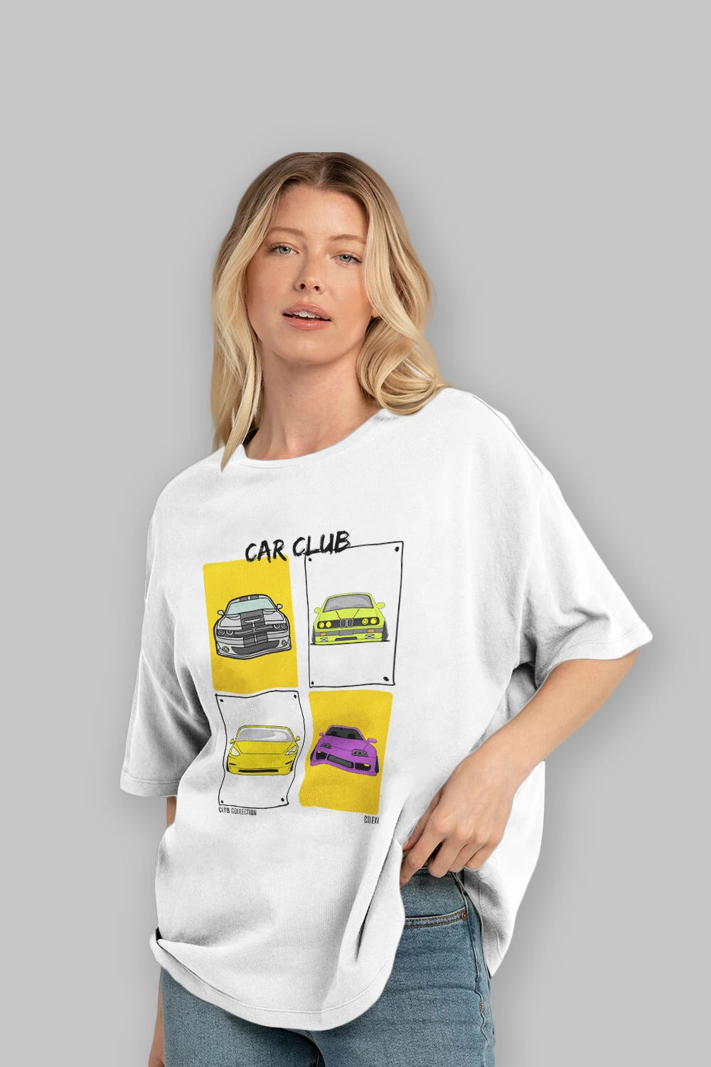 Car Club ön Baskılı Oversize t-shirt Erkek Kadın %100 Pamuk Bisiklet Yaka tişort