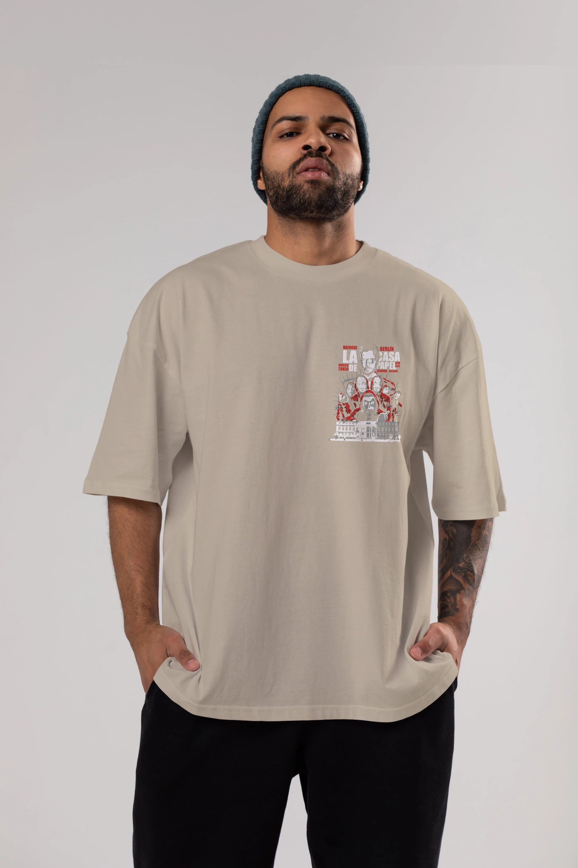 La Casa De Papel (2) Ön Sol Baskılı Oversize t-shirt Erkek Kadın Unisex %100 Pamuk Bisiklet Yaka tişort