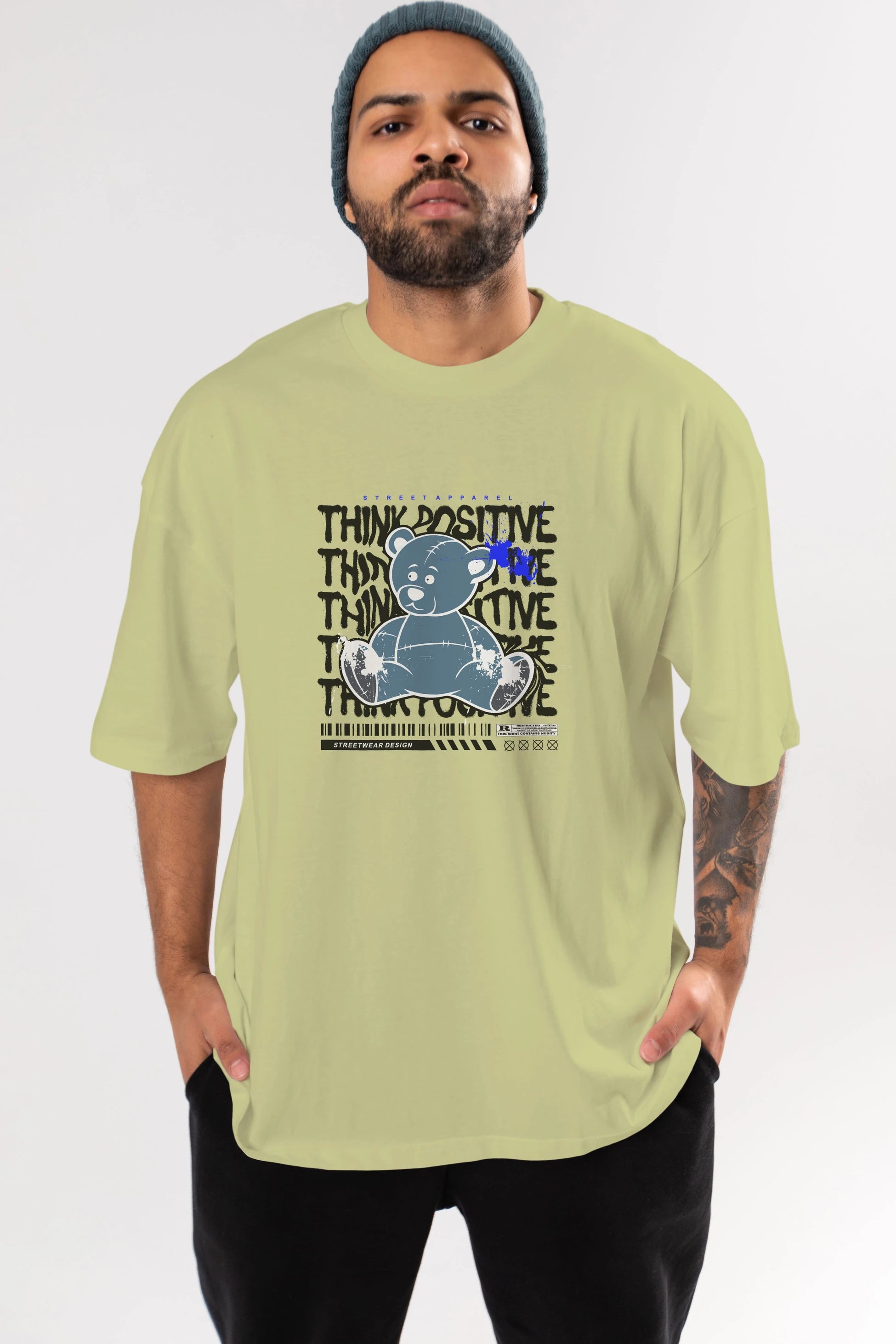 Teddy Bear Think Positive Ön Baskılı Oversize t-shirt Erkek Kadın Unisex