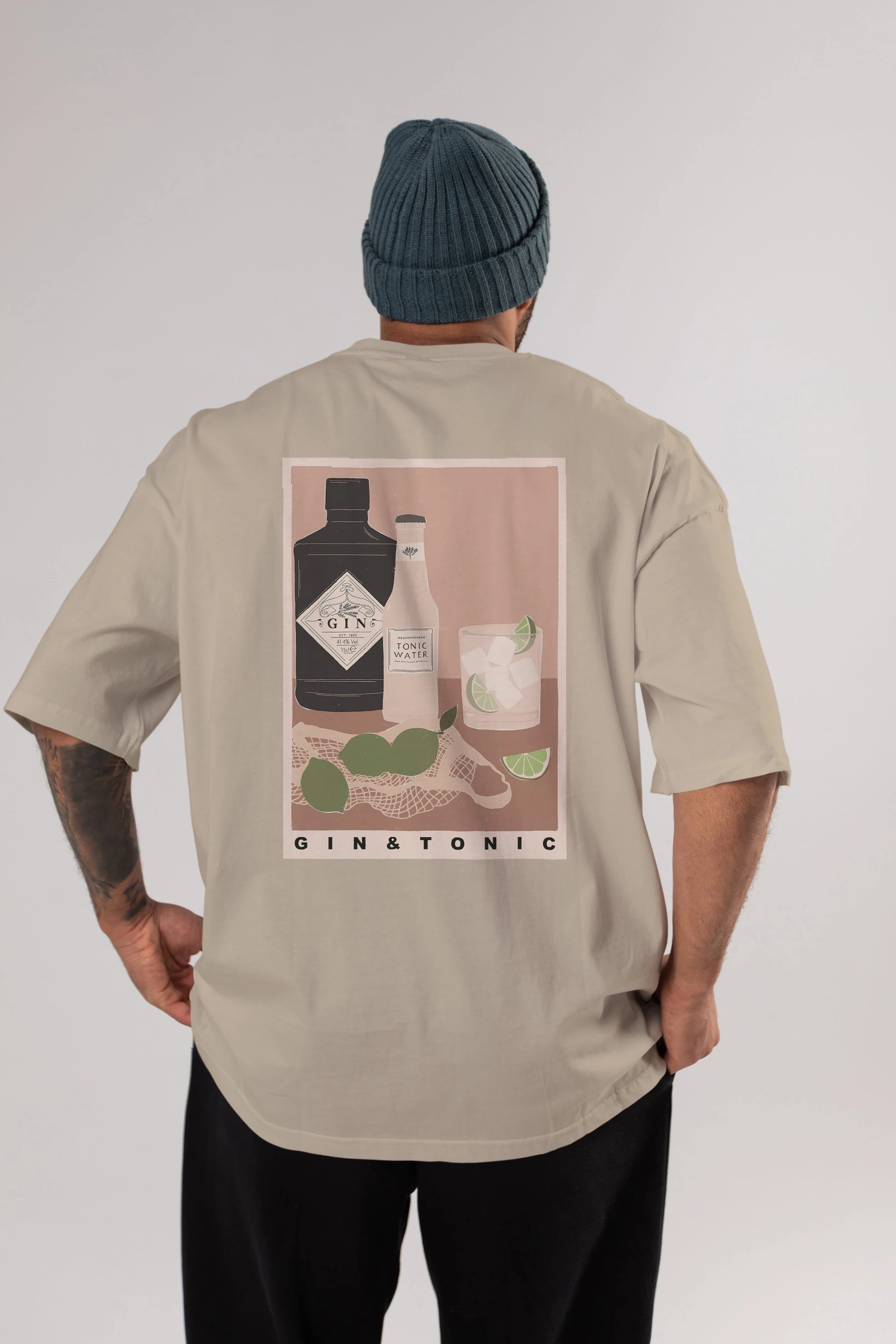 Gin Tonic Arka Baskılı Oversize t-shirt Erkek Kadın Unisex %100 Pamuk Bisiklet Yaka tişort