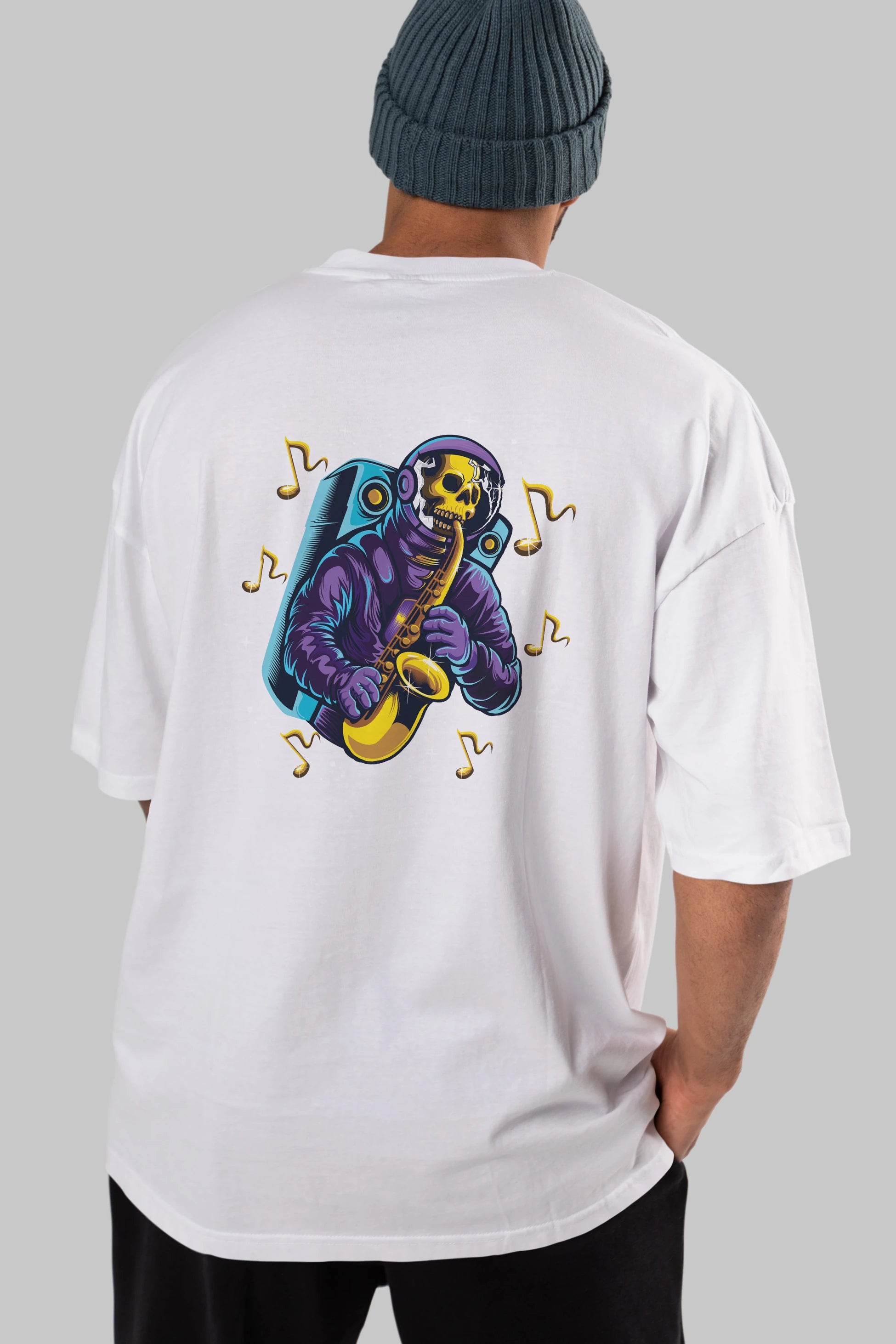 Astroskull Saxophonist Arka Baskılı Oversize t-shirt Erkek Kadın Unisex