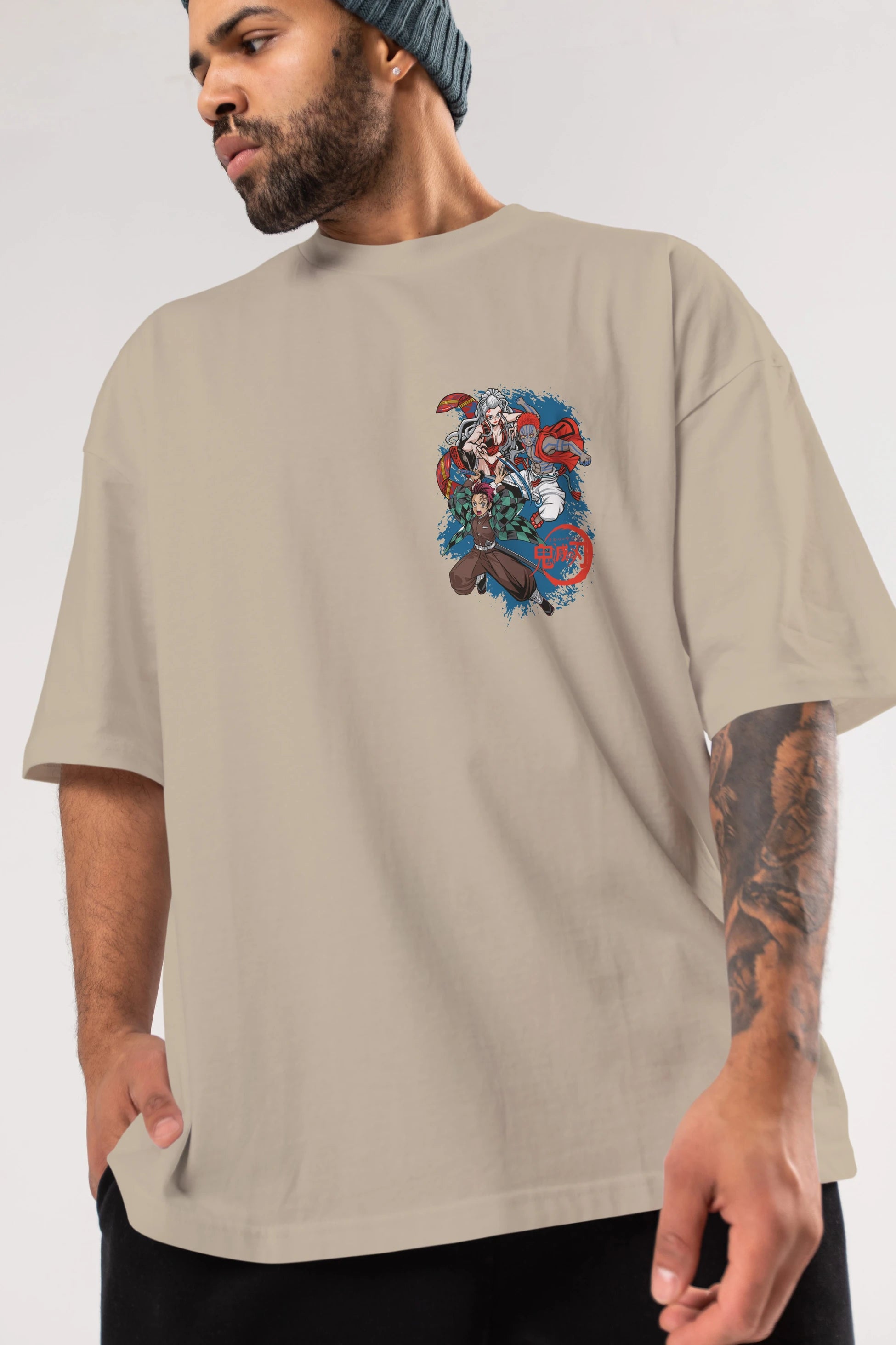 TANJIRO ,AKAZA,DAKI Ön Sol Baskılı Oversize t-shirt Erkek Kadın Unisex %100 Pamuk Bisiklet Yaka tişort