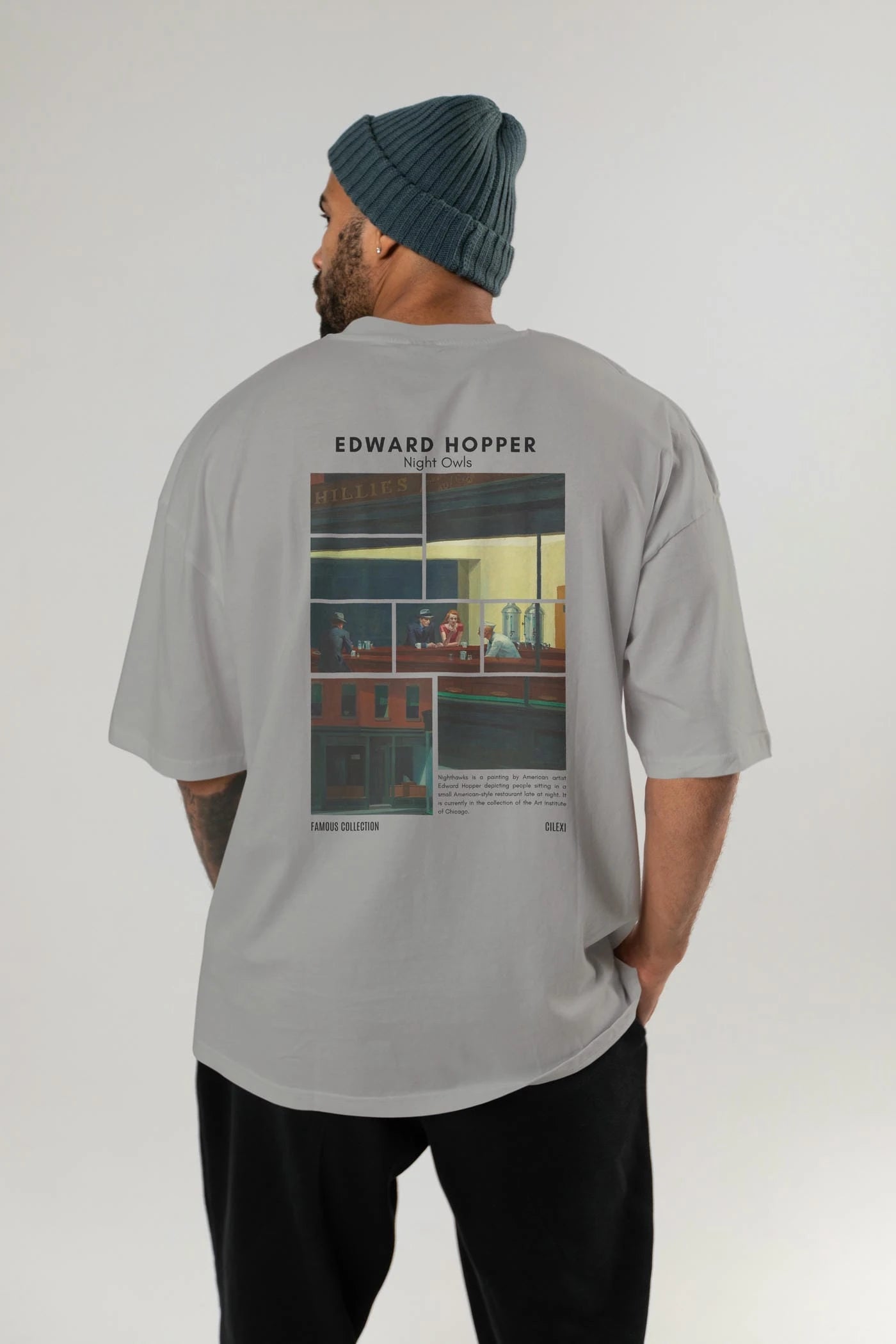 Edward Hopper Night Owls Arka Baskılı Oversize t-shirt Erkek Kadın Bisiklet Yaka Pamuk tişort