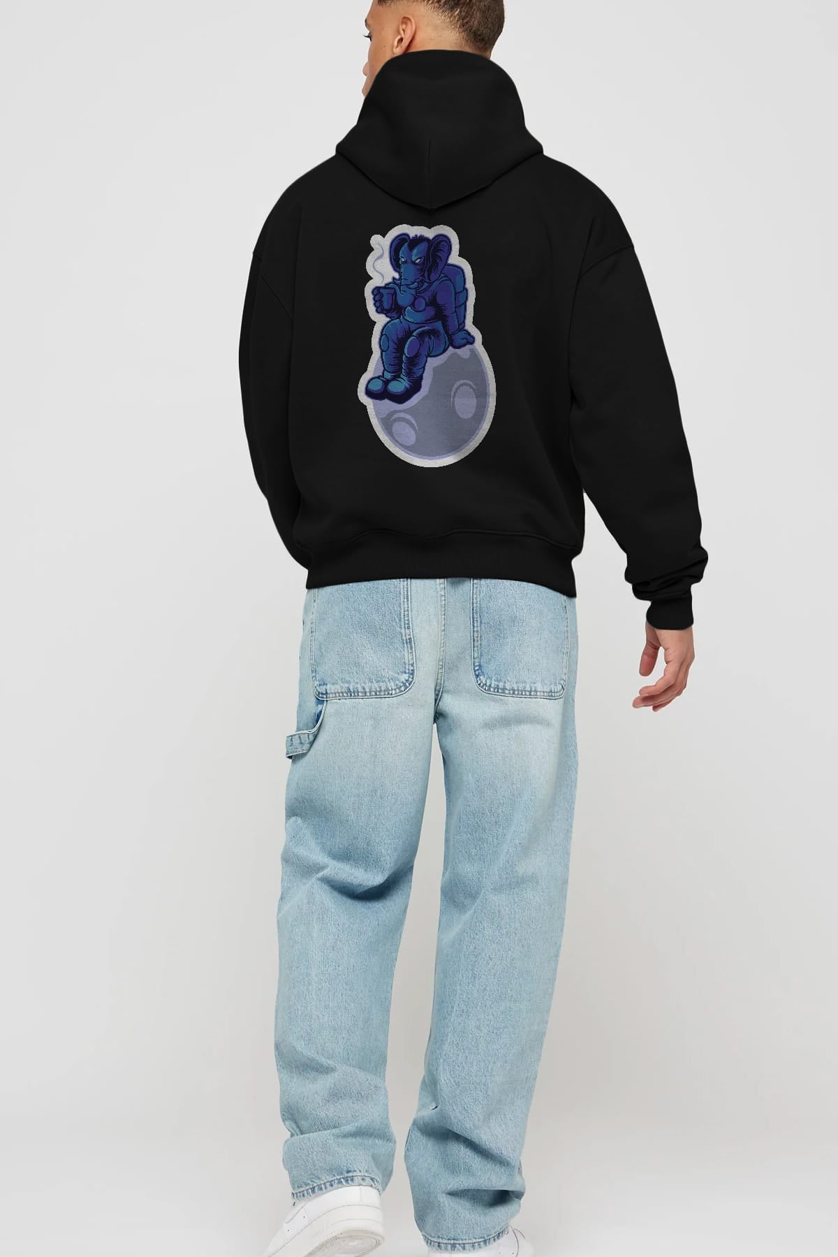 Space Elephant Drink Coffee Sticker Arka Baskılı Hoodie Oversize Kapüşonlu Sweatshirt Erkek Kadın Unisex