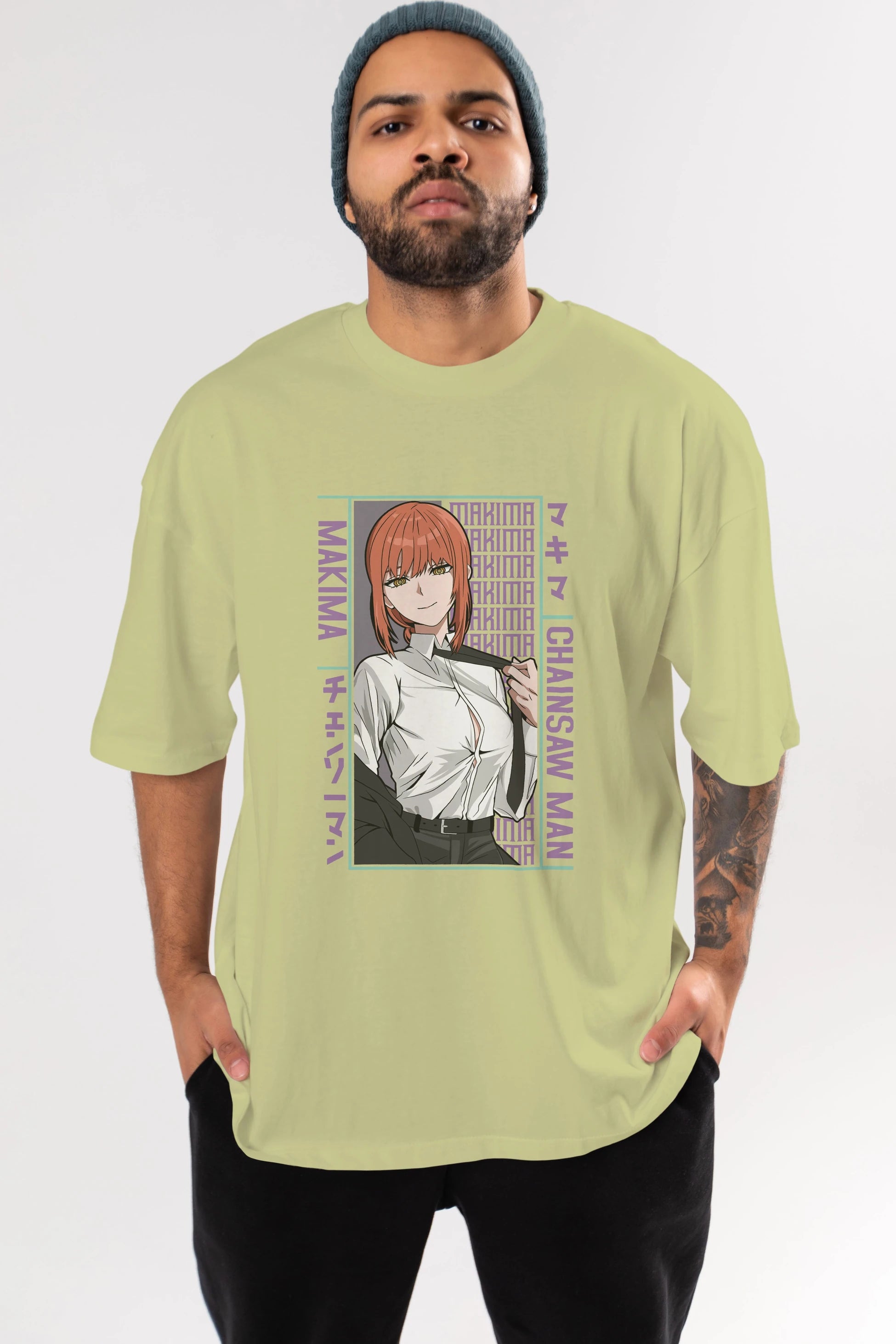 Makima Chain Saw Man Anime Ön Baskılı Oversize t-shirt %100 pamuk Erkek Kadın Unisex
