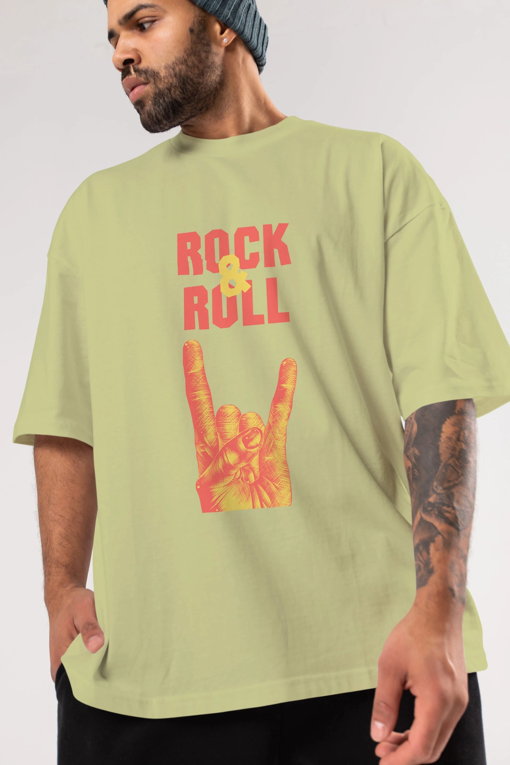 Rock & Roll Yazılı Ön Baskılı Oversize t-shirt Erkek Kadın Unisex